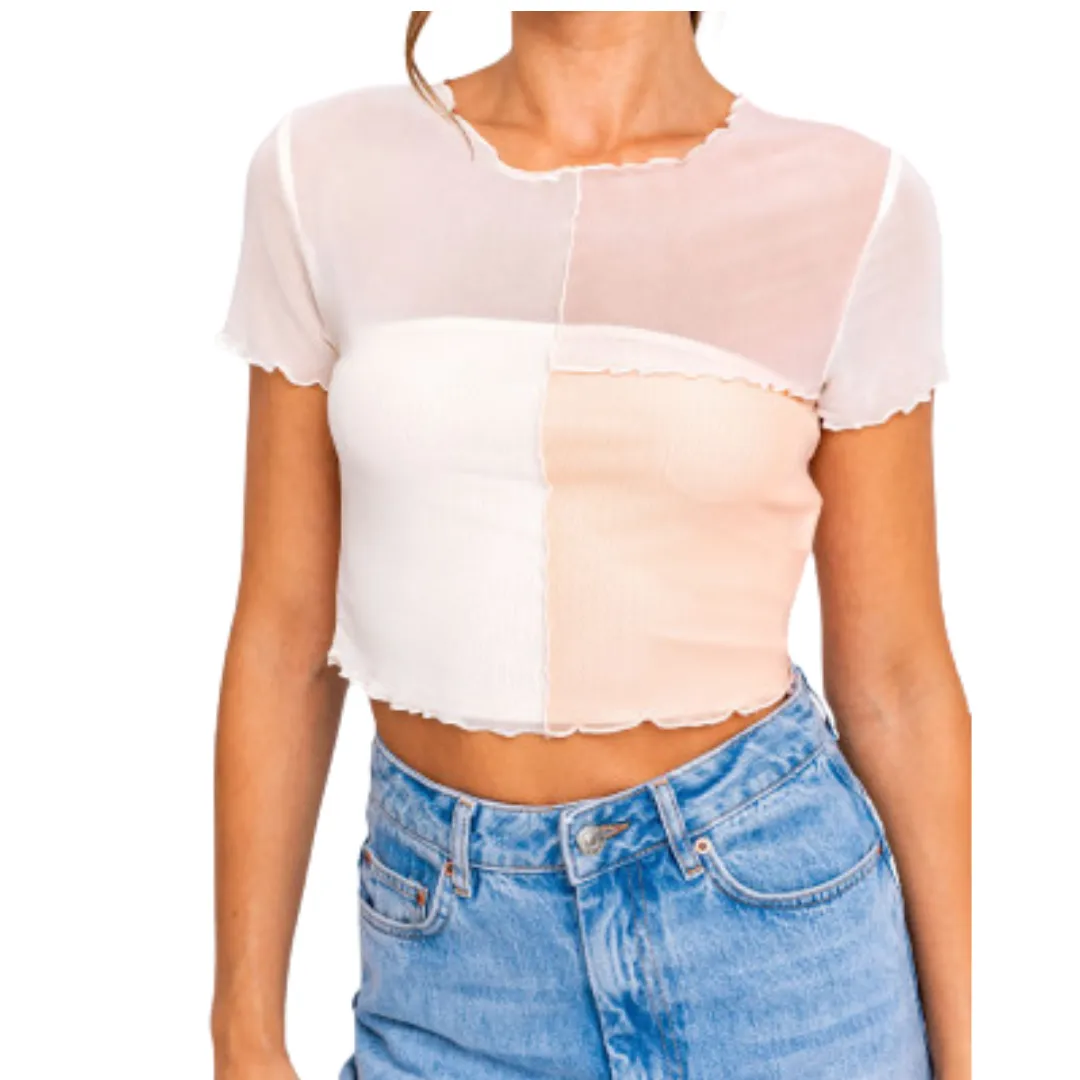 Color Block Mesh Crop Top - Peach