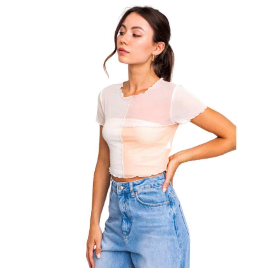Color Block Mesh Crop Top - Peach