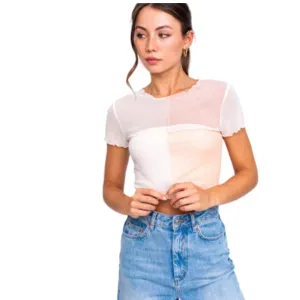 Color Block Mesh Crop Top - Peach