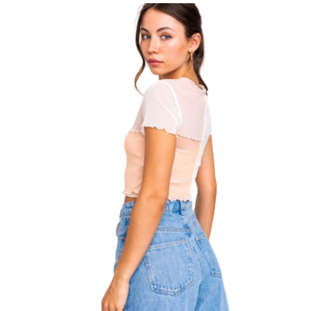 Color Block Mesh Crop Top - Peach