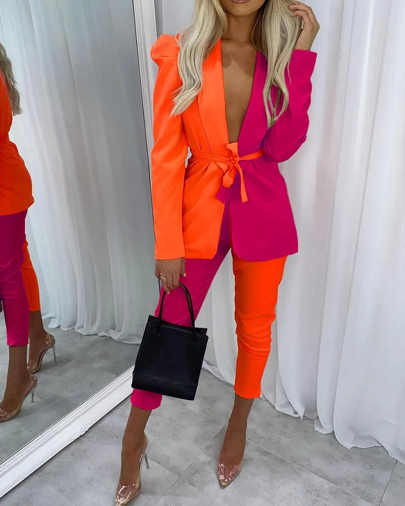 Colorblock Shawl Collar Tie Front Blazer & Pants Set
