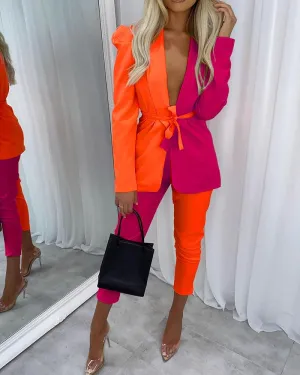 Colorblock Shawl Collar Tie Front Blazer & Pants Set