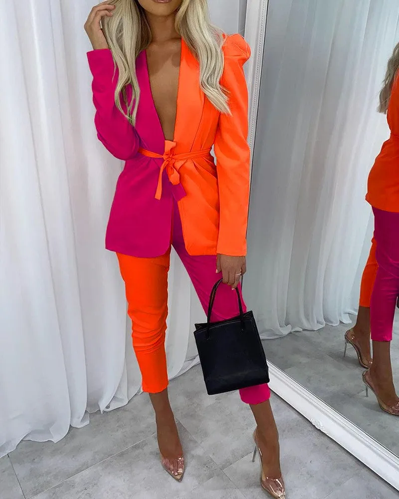 Colorblock Shawl Collar Tie Front Blazer & Pants Set