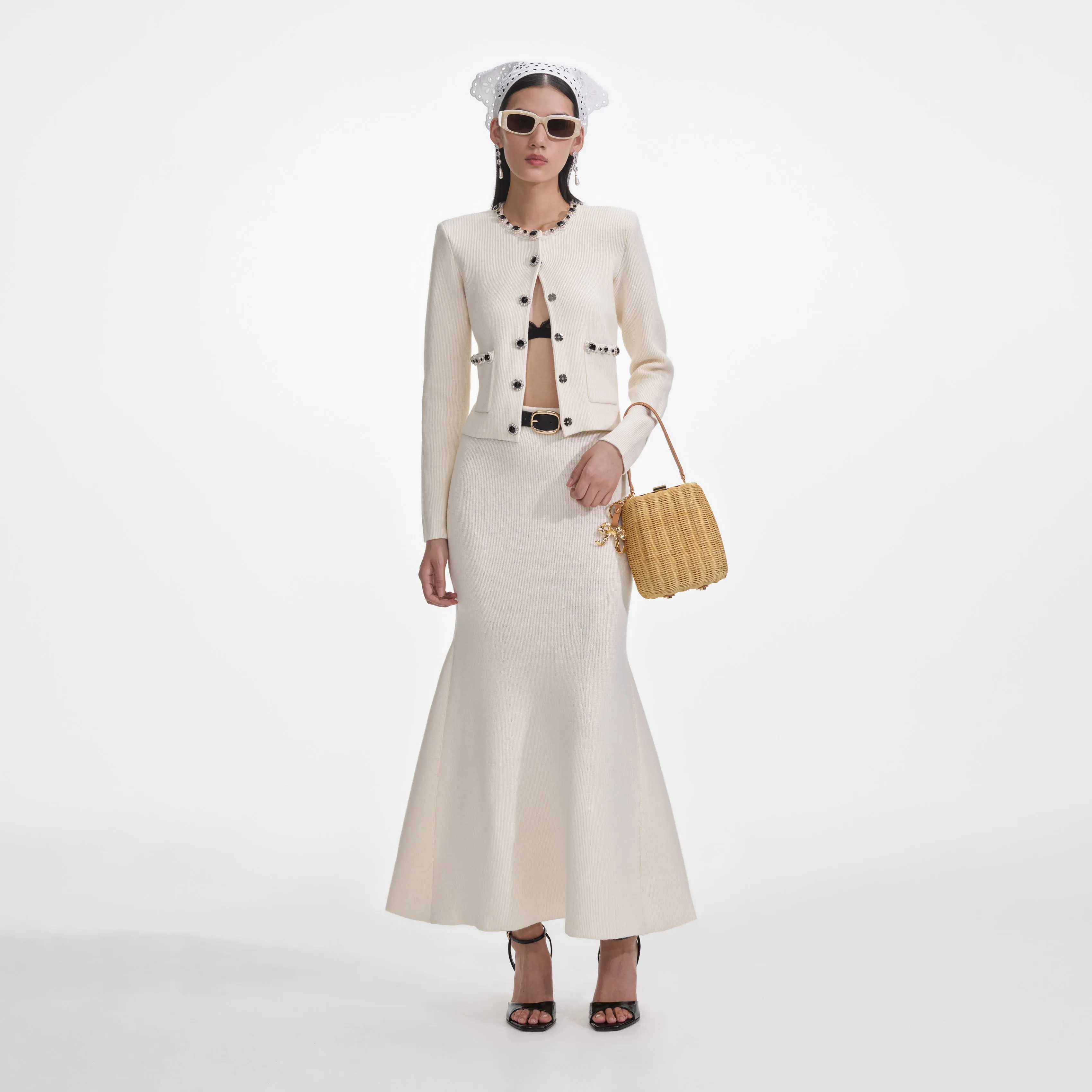 Cream Flared Knit Midi Skirt