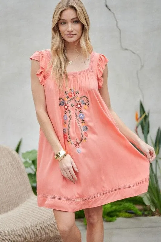 DAVI & DANI Embroidered Square Neck Mini Dress, 2 Colors