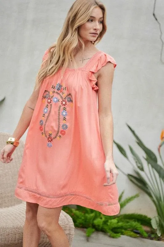 DAVI & DANI Embroidered Square Neck Mini Dress, 2 Colors