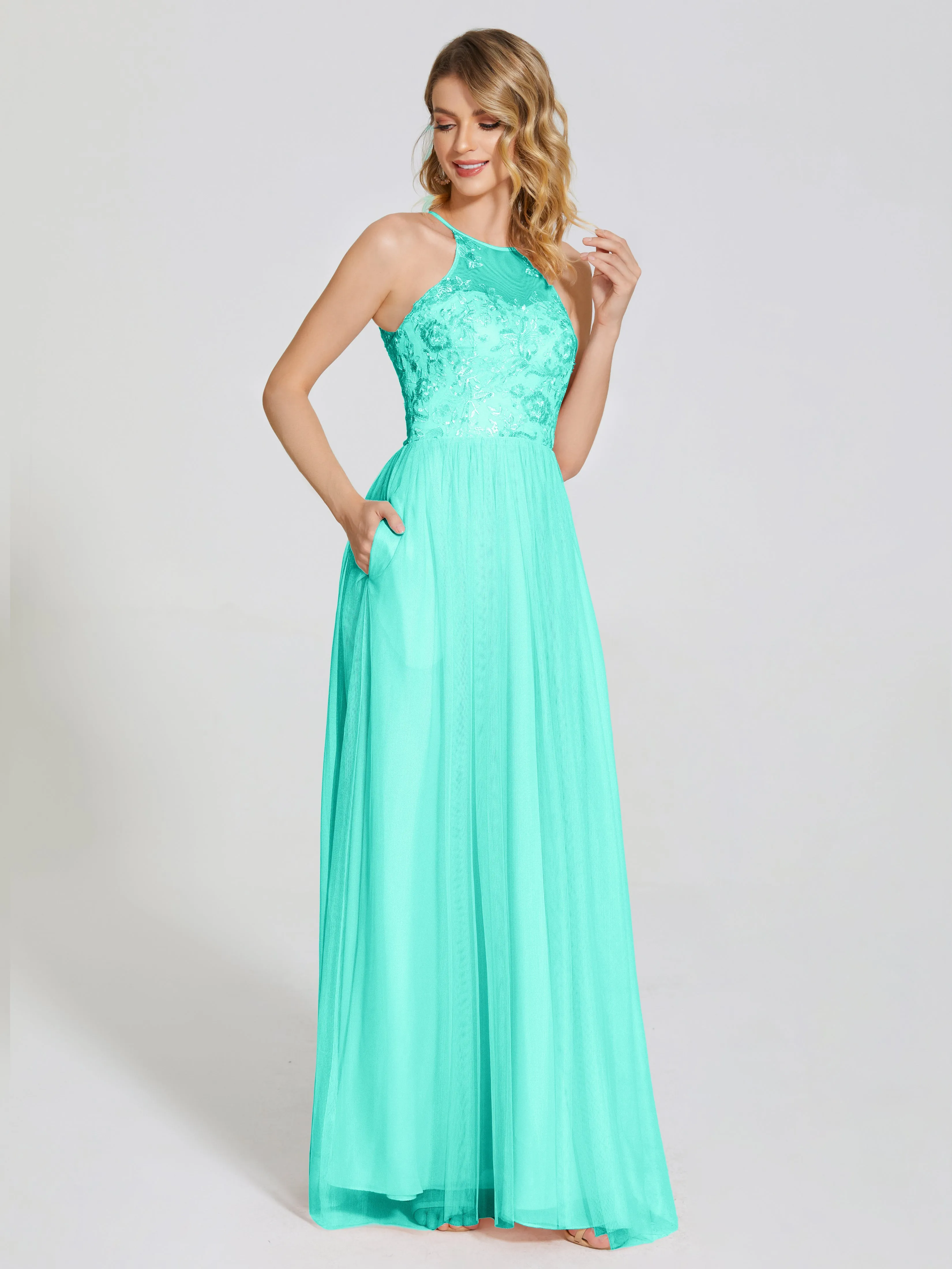 Destiny Halter Embroidered Tulle Bridesmaid Dresses