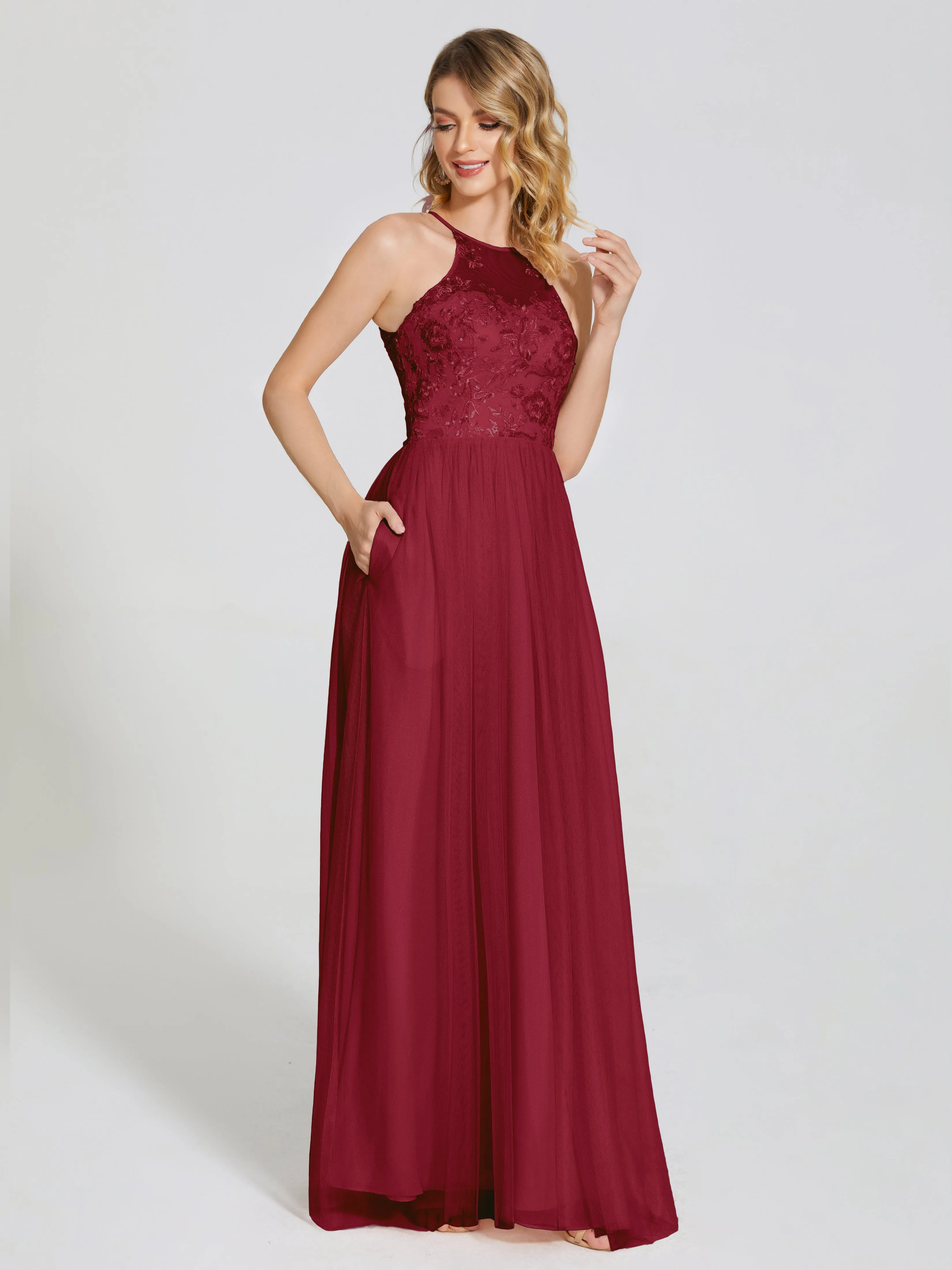 Destiny Halter Embroidered Tulle Bridesmaid Dresses
