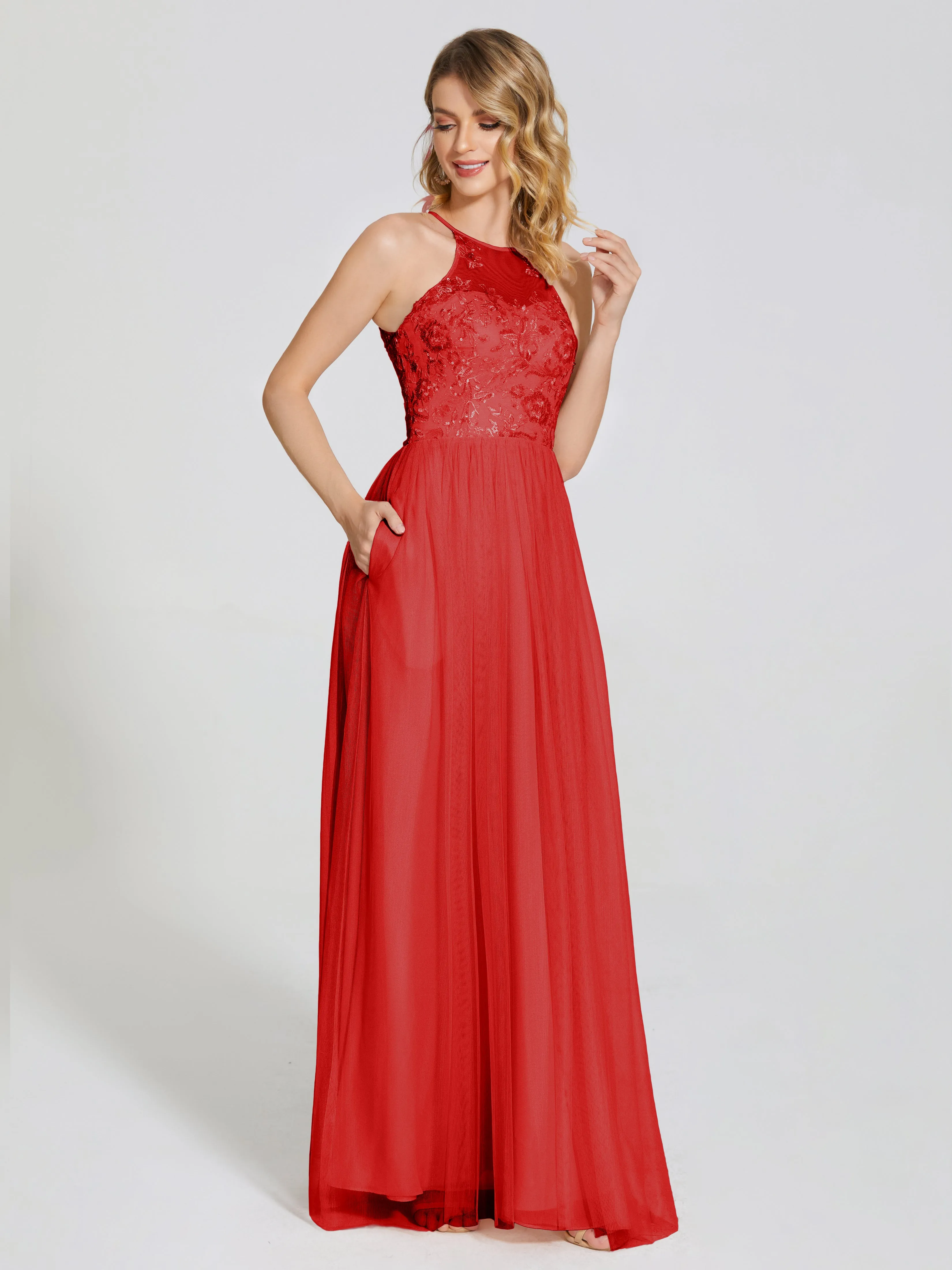 Destiny Halter Embroidered Tulle Bridesmaid Dresses