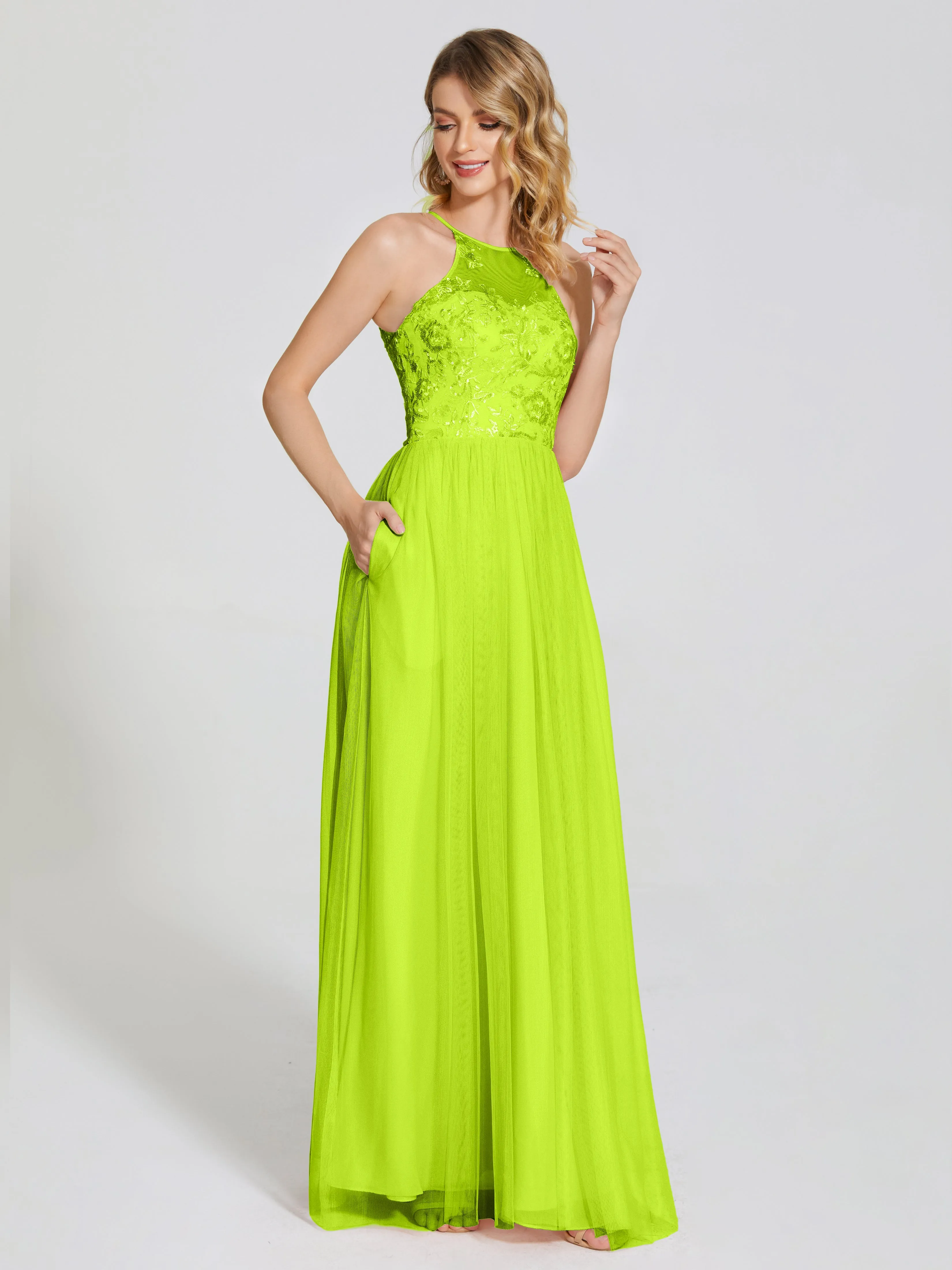 Destiny Halter Embroidered Tulle Bridesmaid Dresses