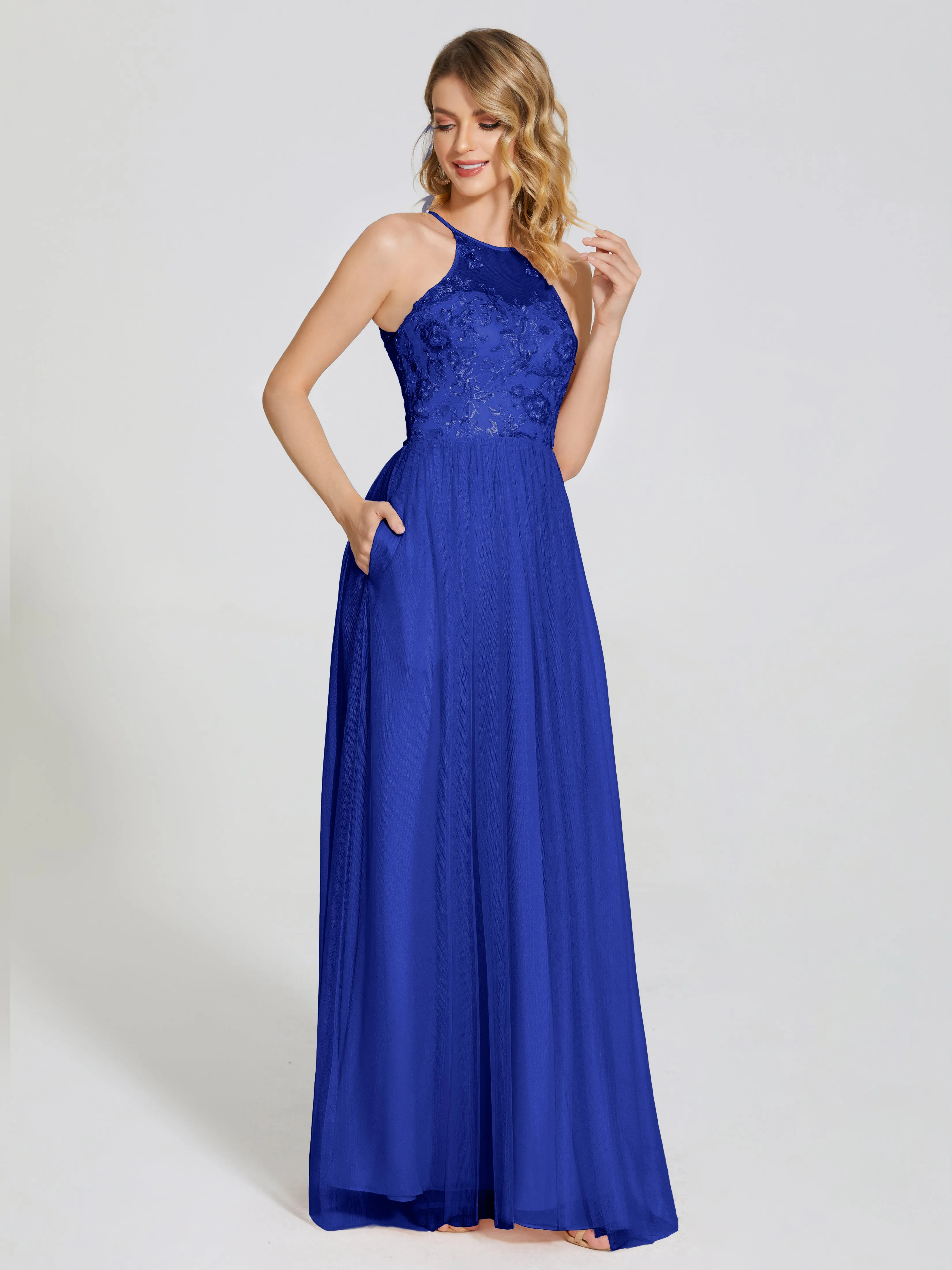 Destiny Halter Embroidered Tulle Bridesmaid Dresses