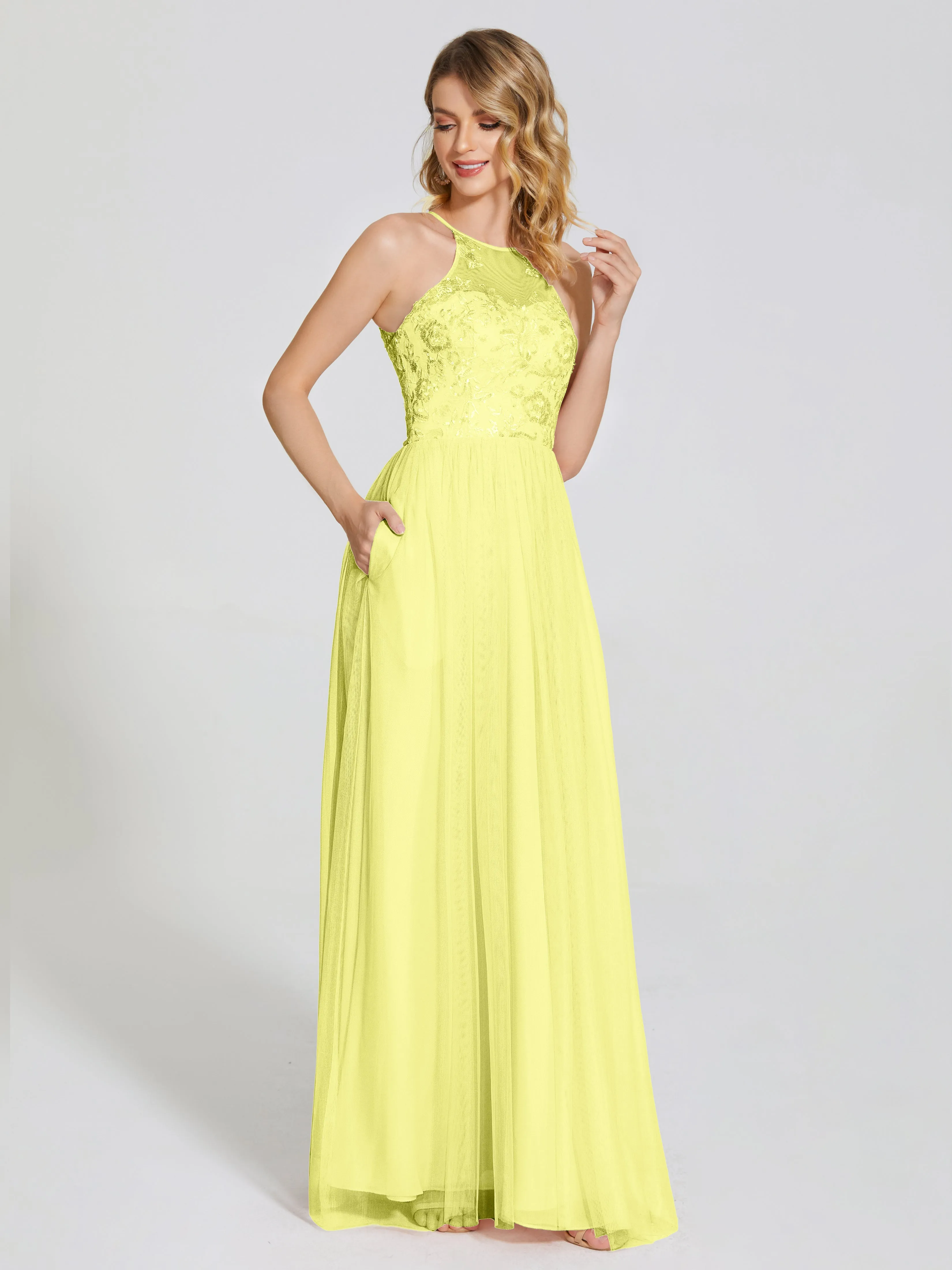 Destiny Halter Embroidered Tulle Bridesmaid Dresses