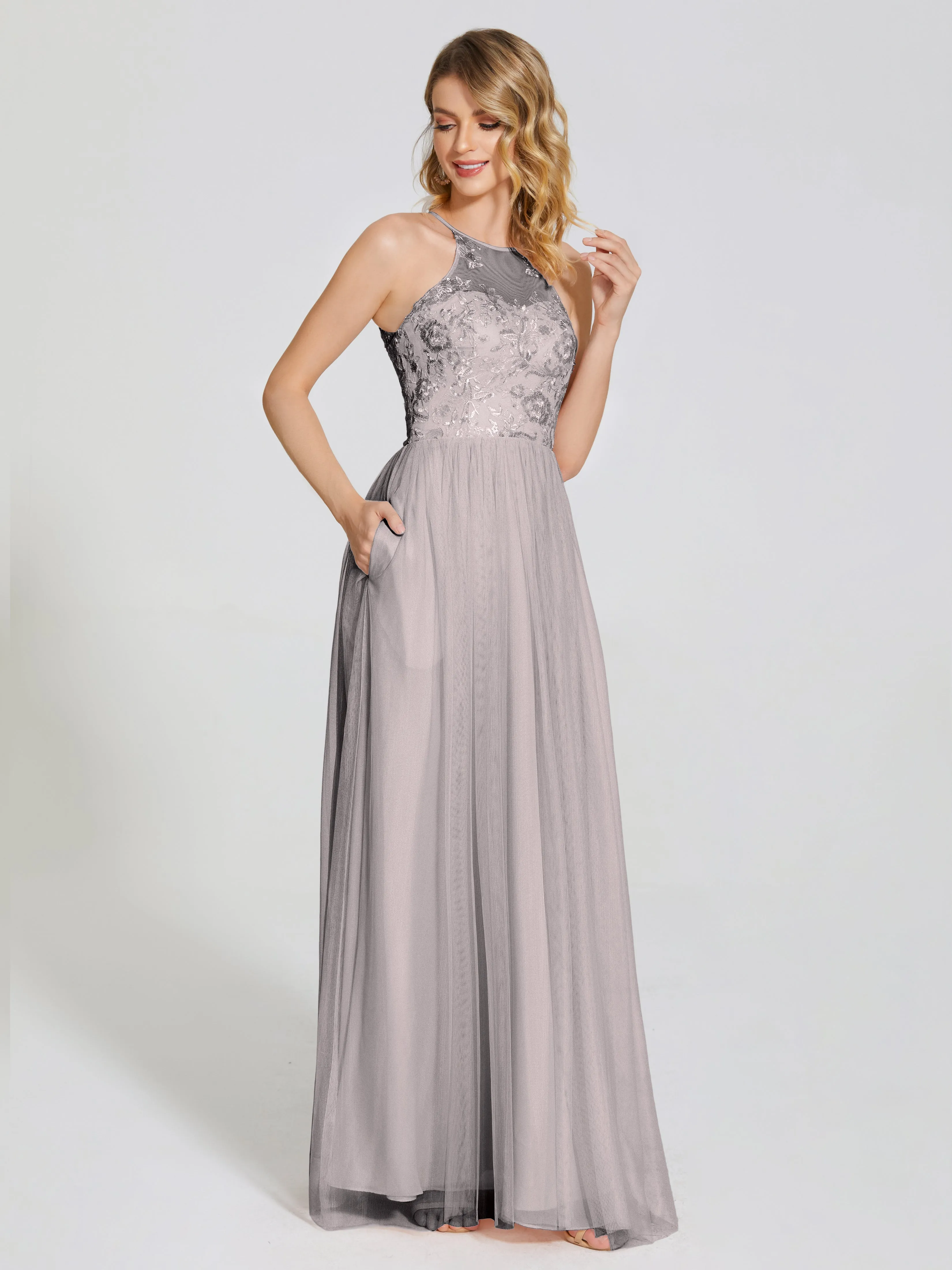Destiny Halter Embroidered Tulle Bridesmaid Dresses