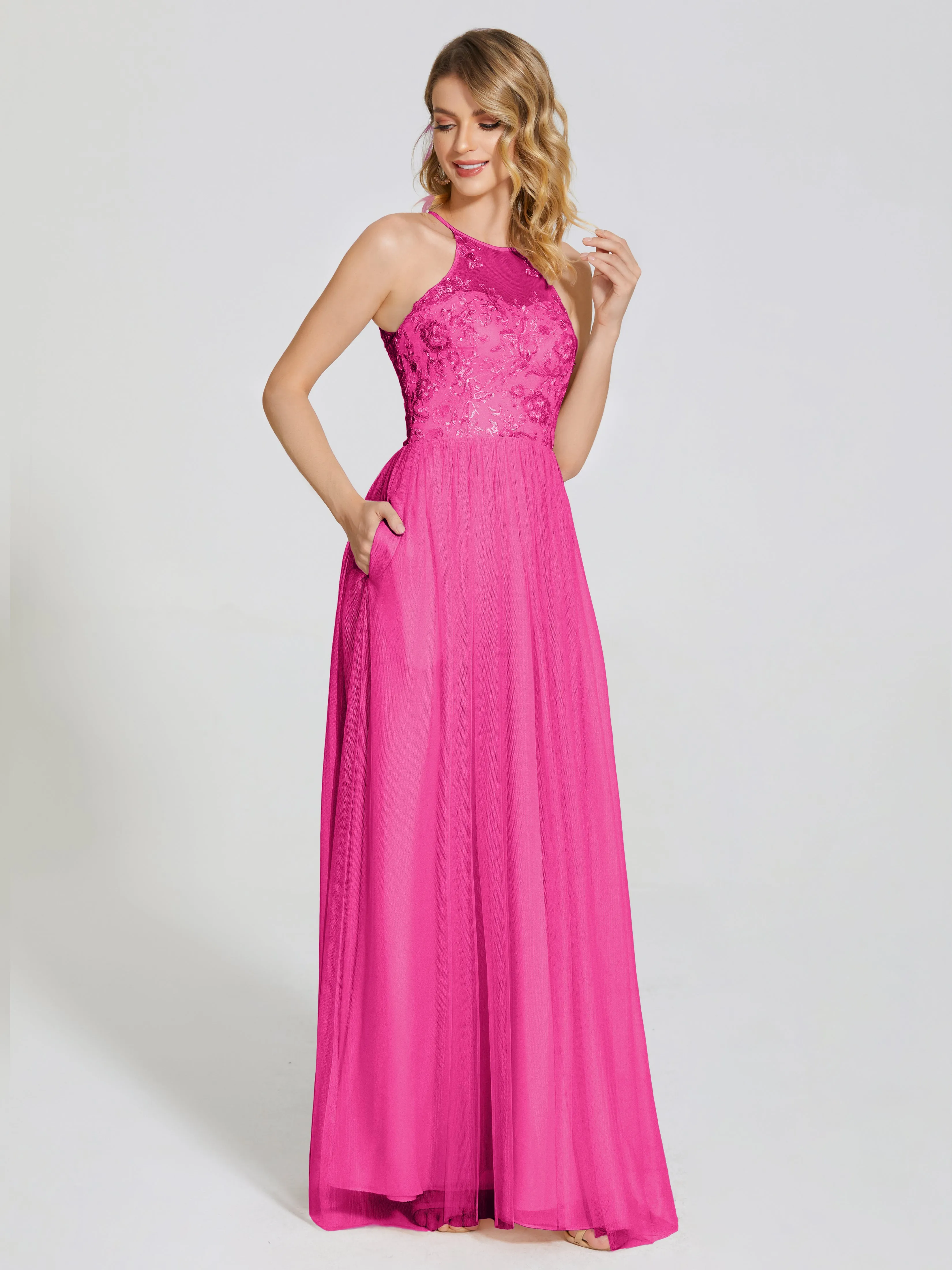 Destiny Halter Embroidered Tulle Bridesmaid Dresses