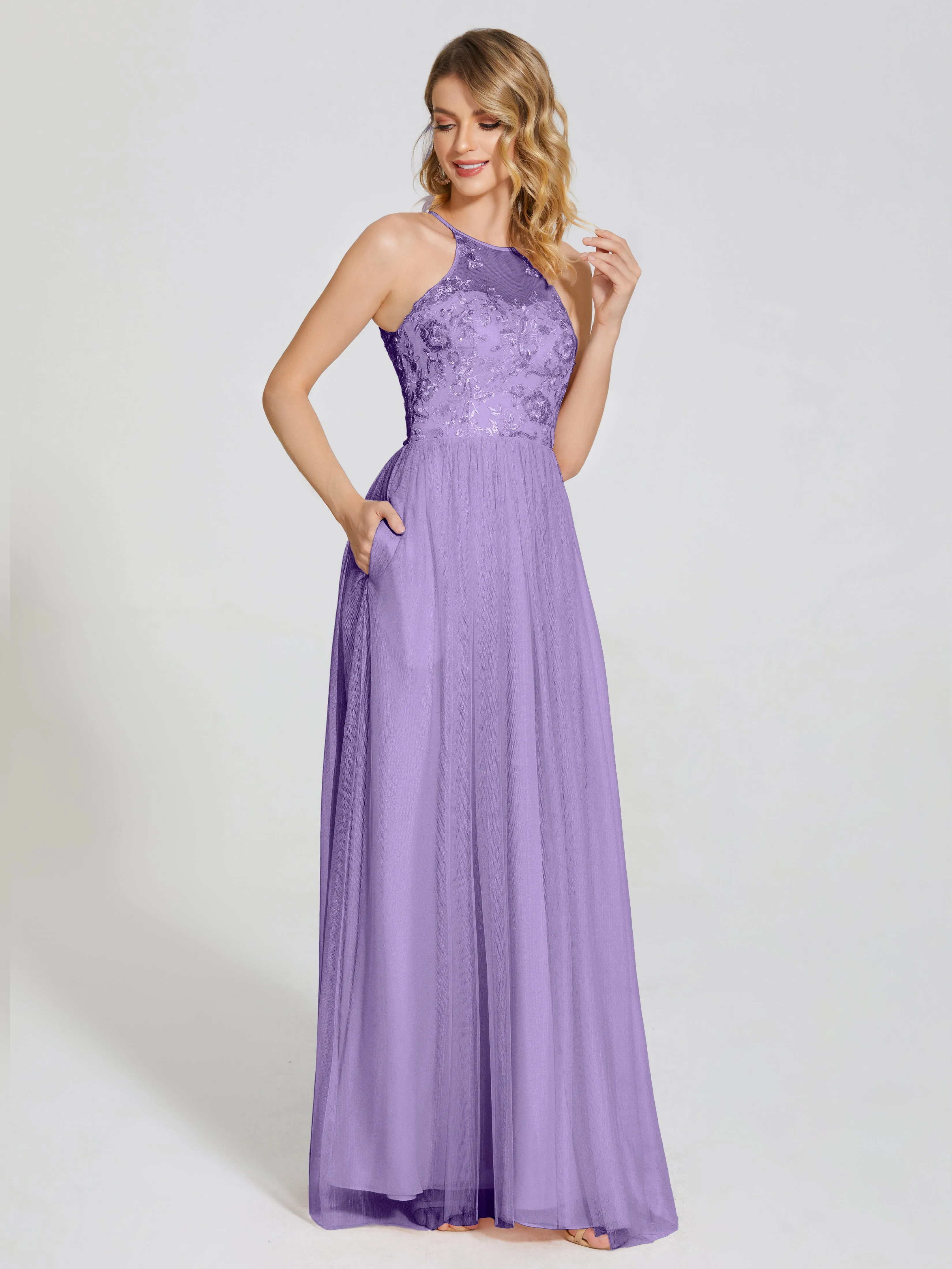 Destiny Halter Embroidered Tulle Bridesmaid Dresses