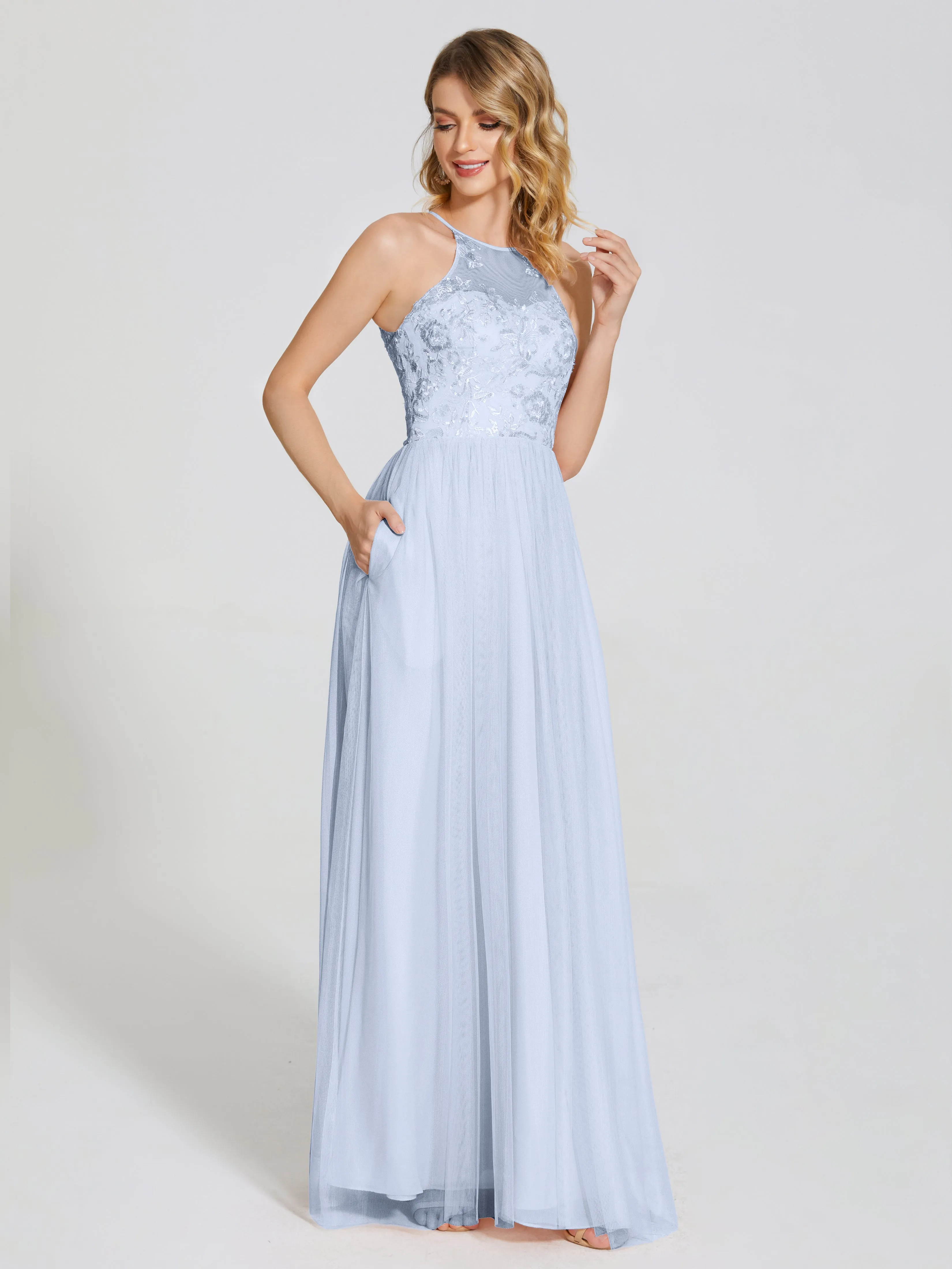 Destiny Halter Embroidered Tulle Bridesmaid Dresses