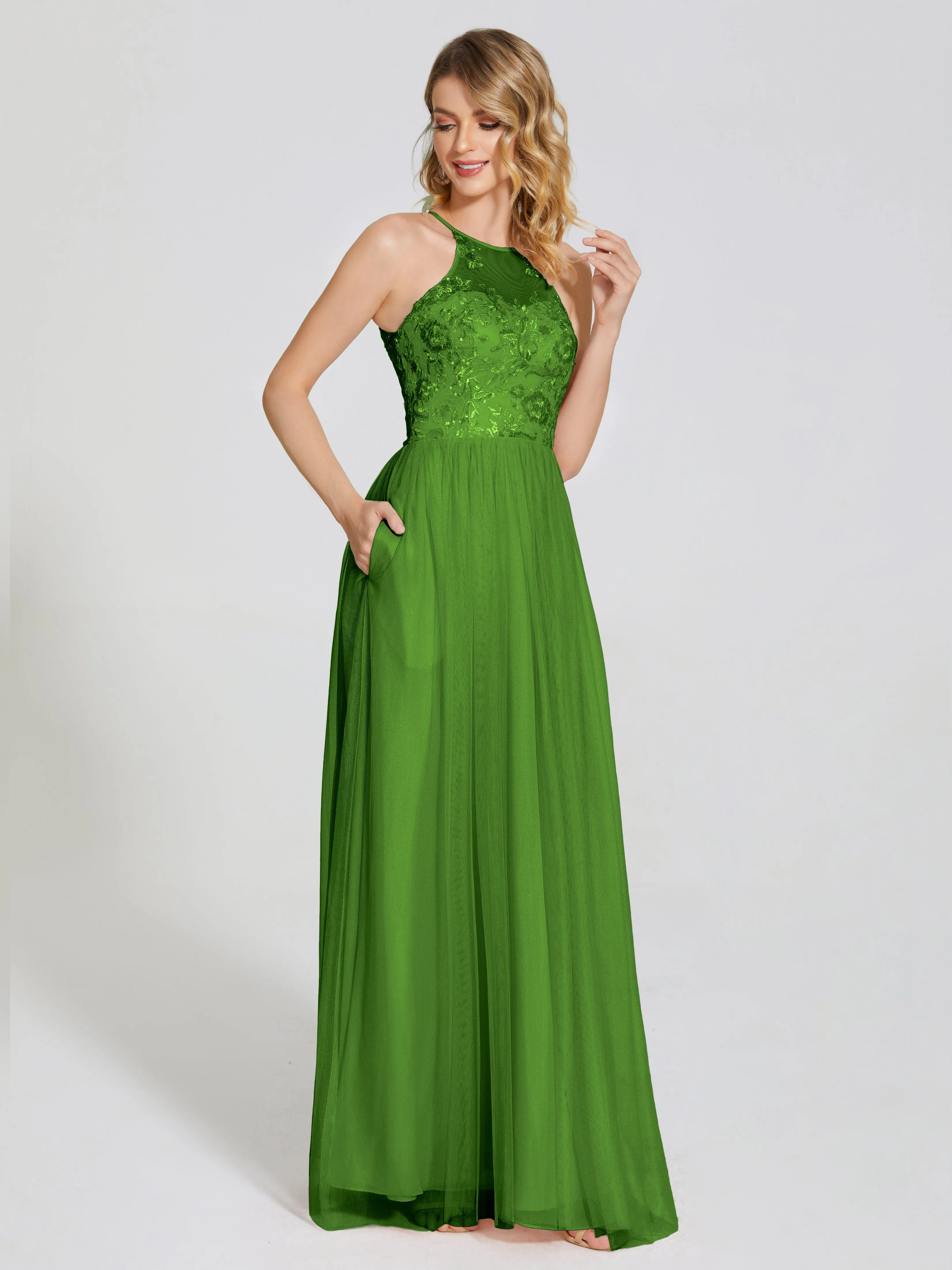 Destiny Halter Embroidered Tulle Bridesmaid Dresses