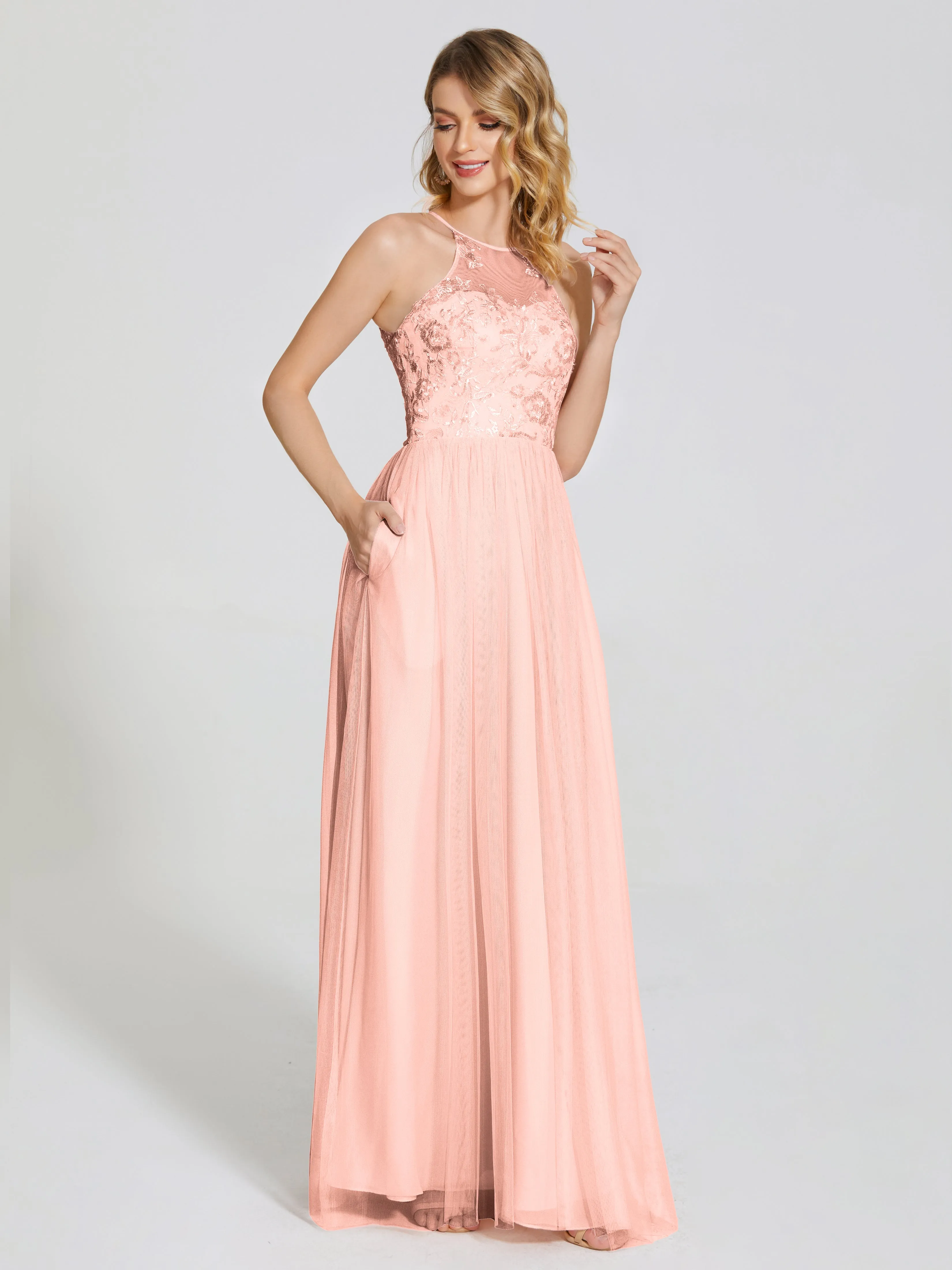 Destiny Halter Embroidered Tulle Bridesmaid Dresses