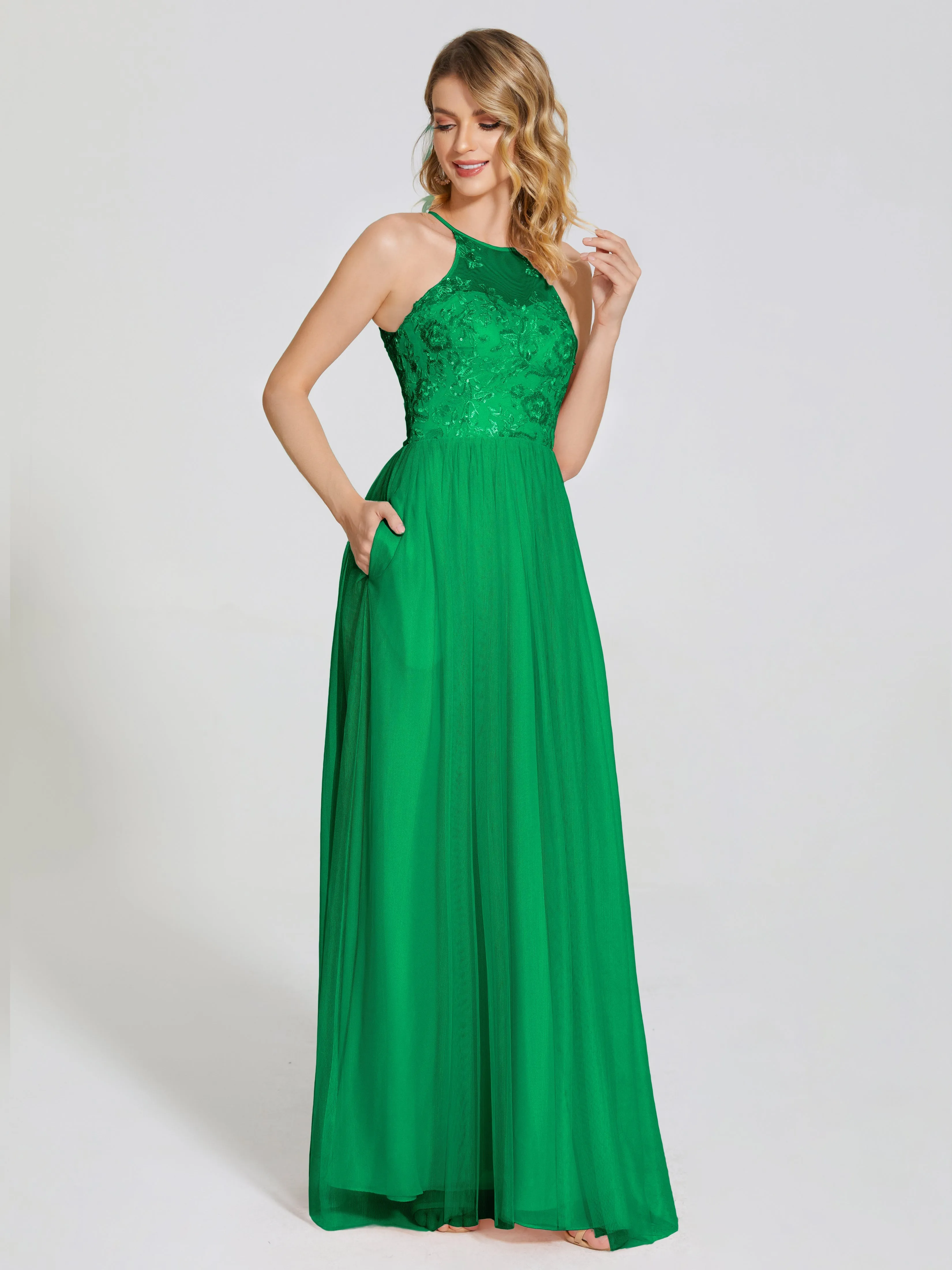 Destiny Halter Embroidered Tulle Bridesmaid Dresses