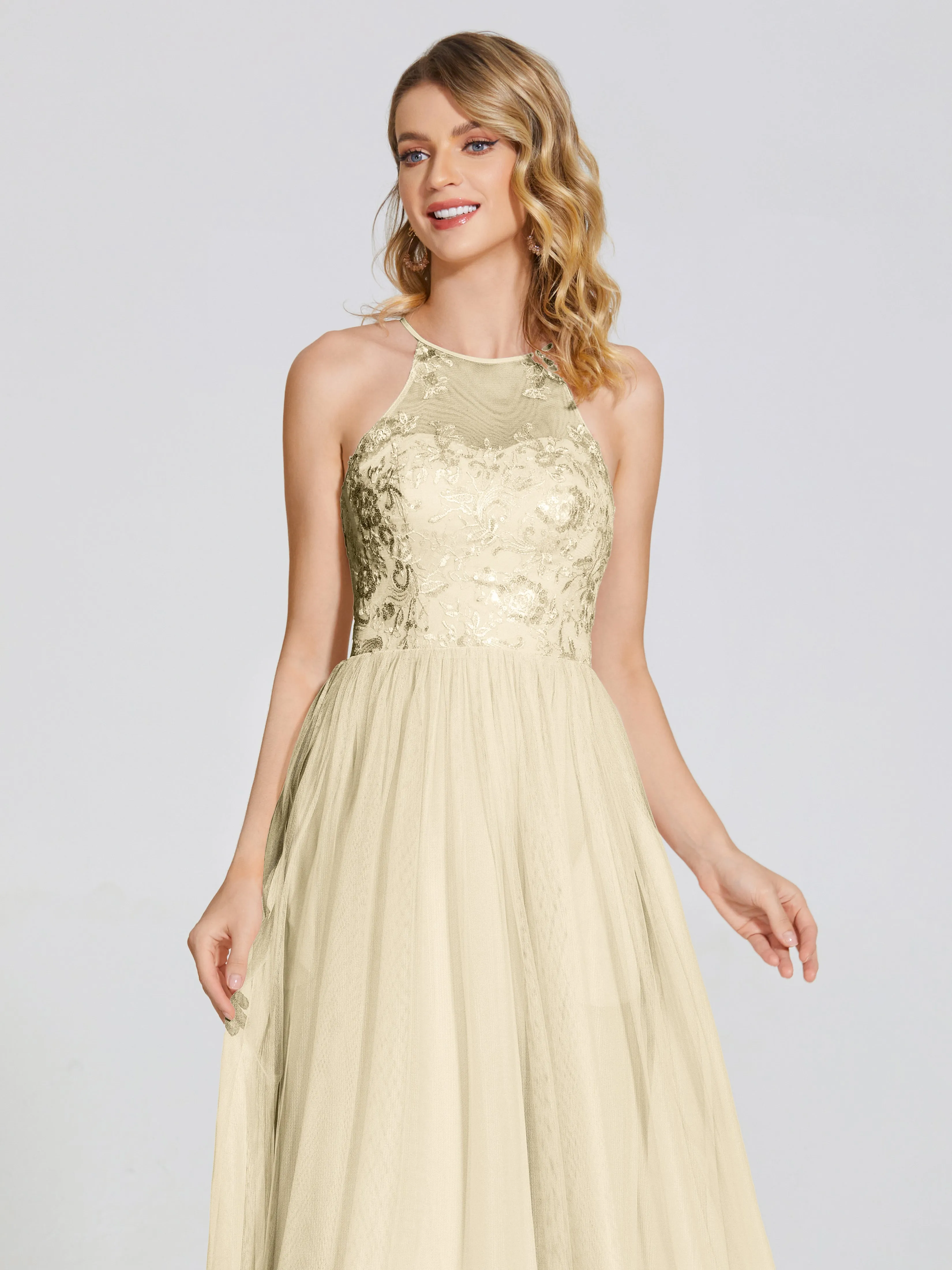 Destiny Halter Embroidered Tulle Bridesmaid Dresses