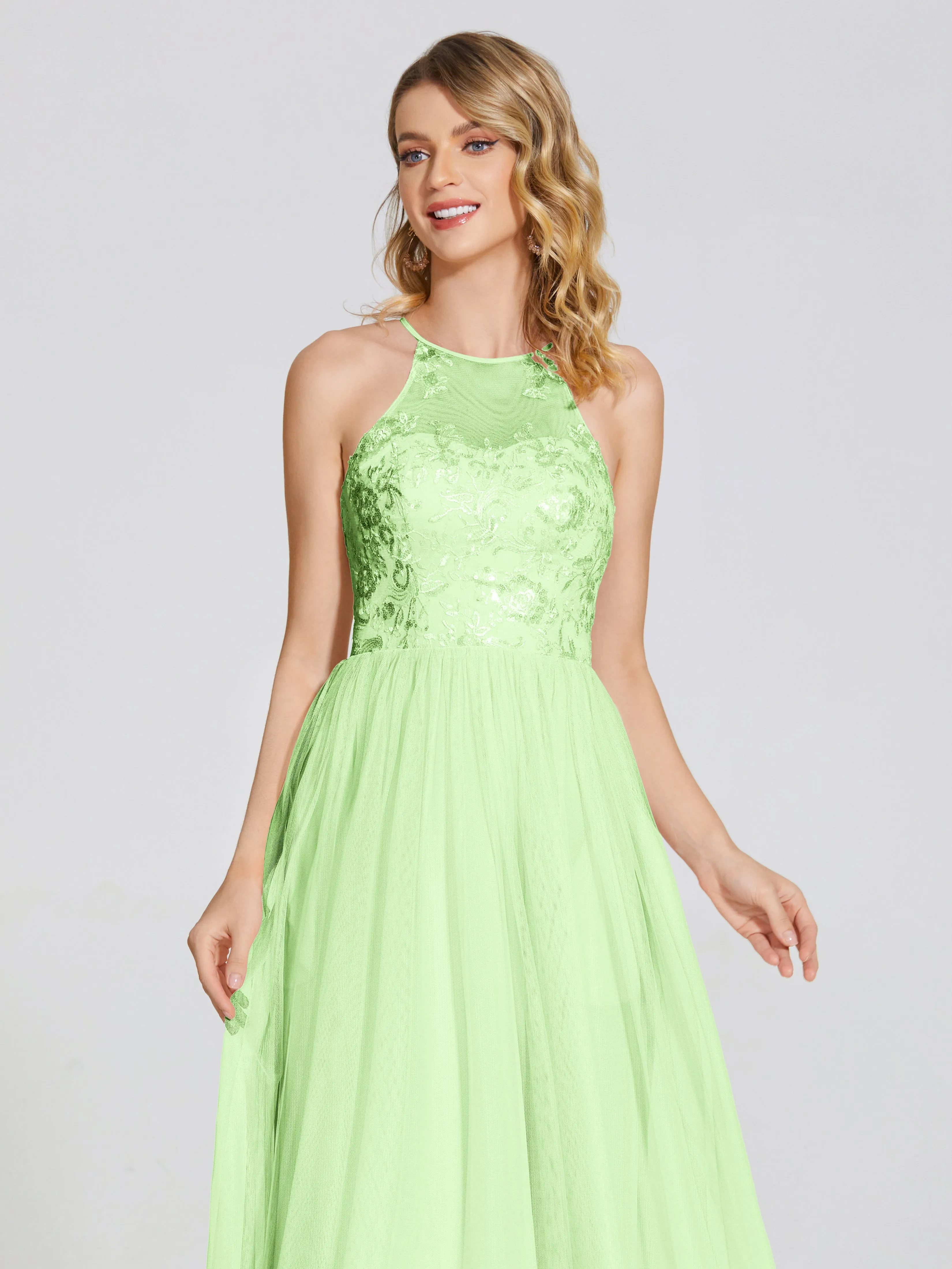 Destiny Halter Embroidered Tulle Bridesmaid Dresses
