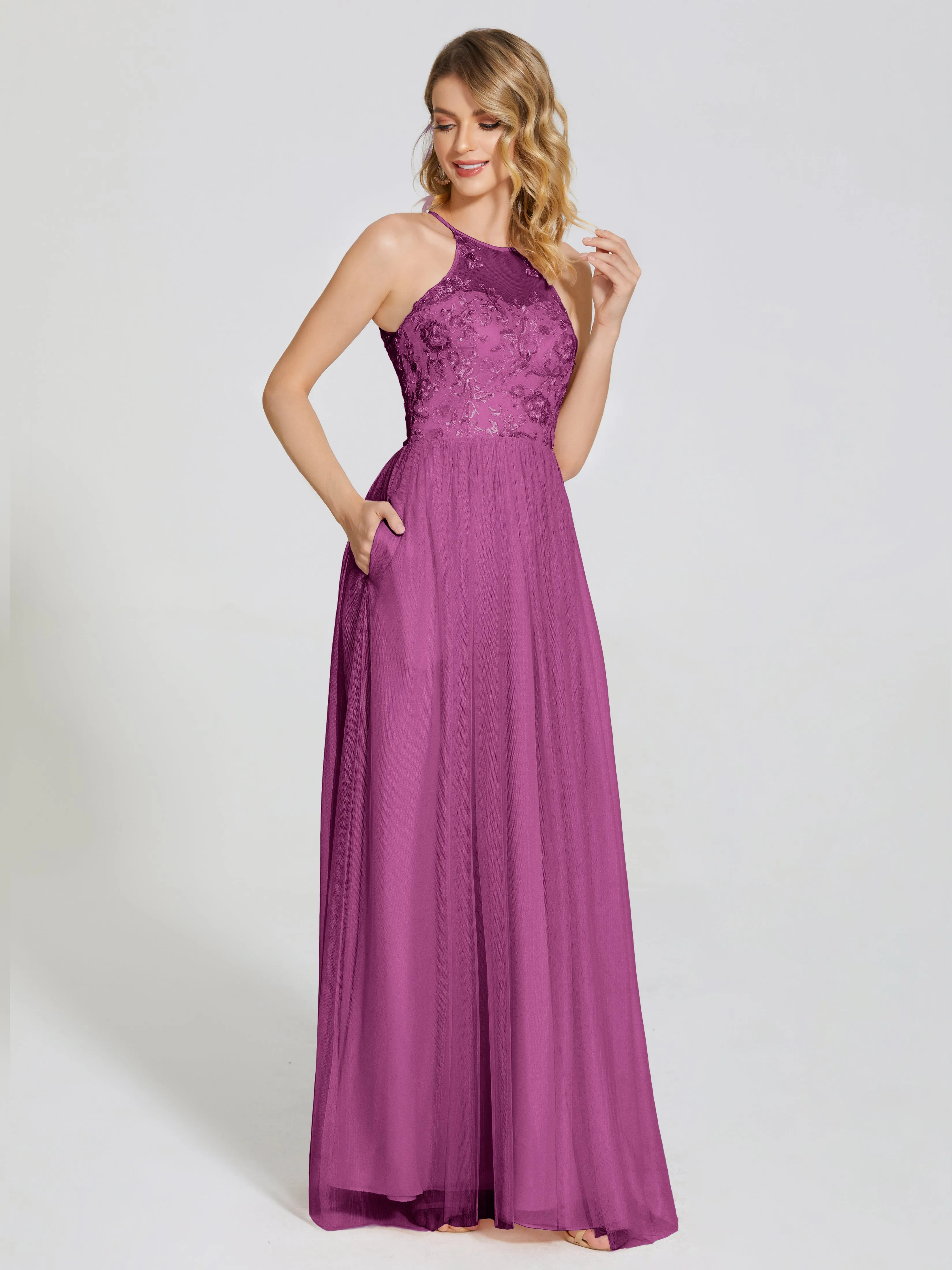 Destiny Halter Embroidered Tulle Bridesmaid Dresses