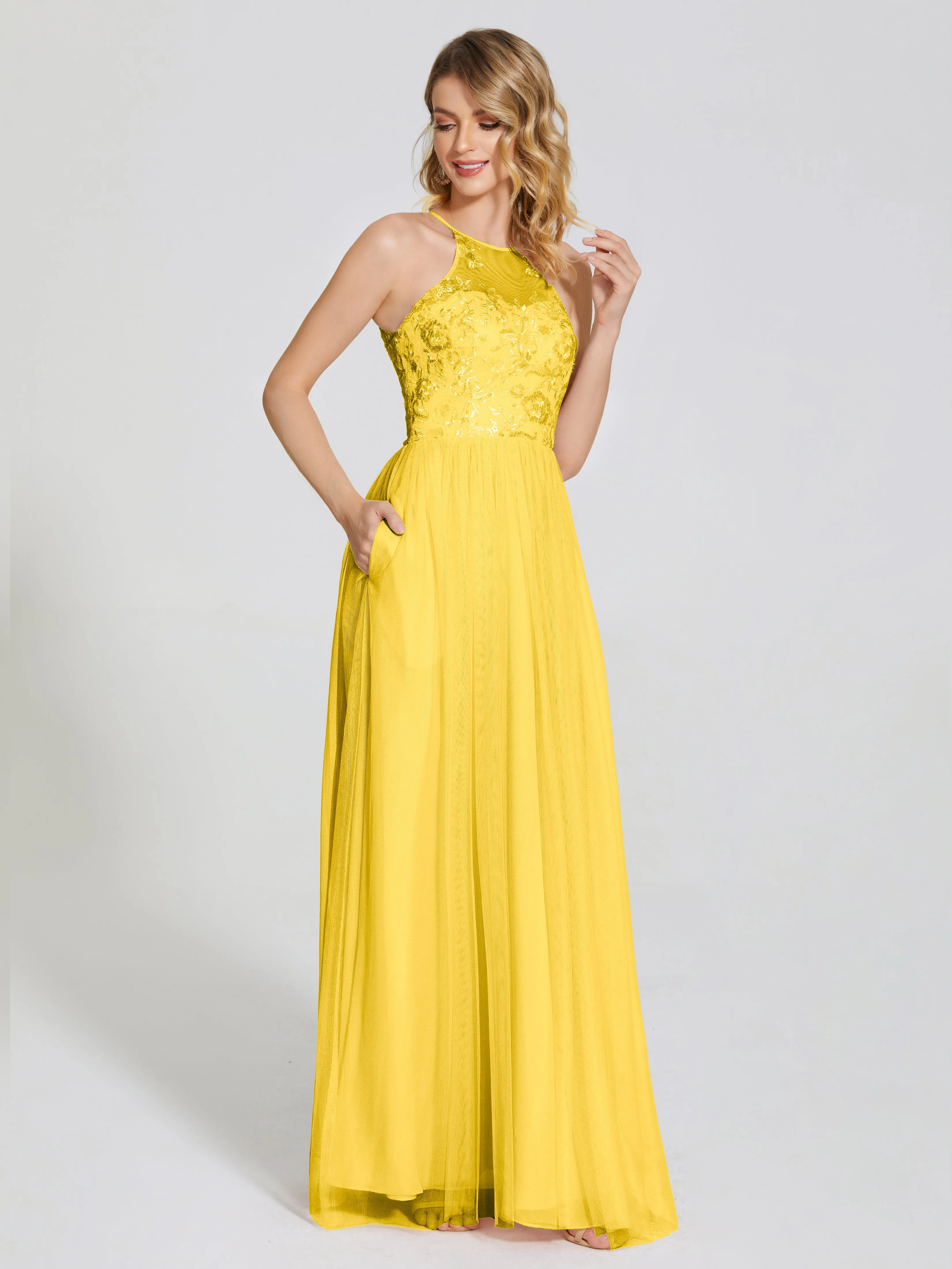 Destiny Halter Embroidered Tulle Bridesmaid Dresses