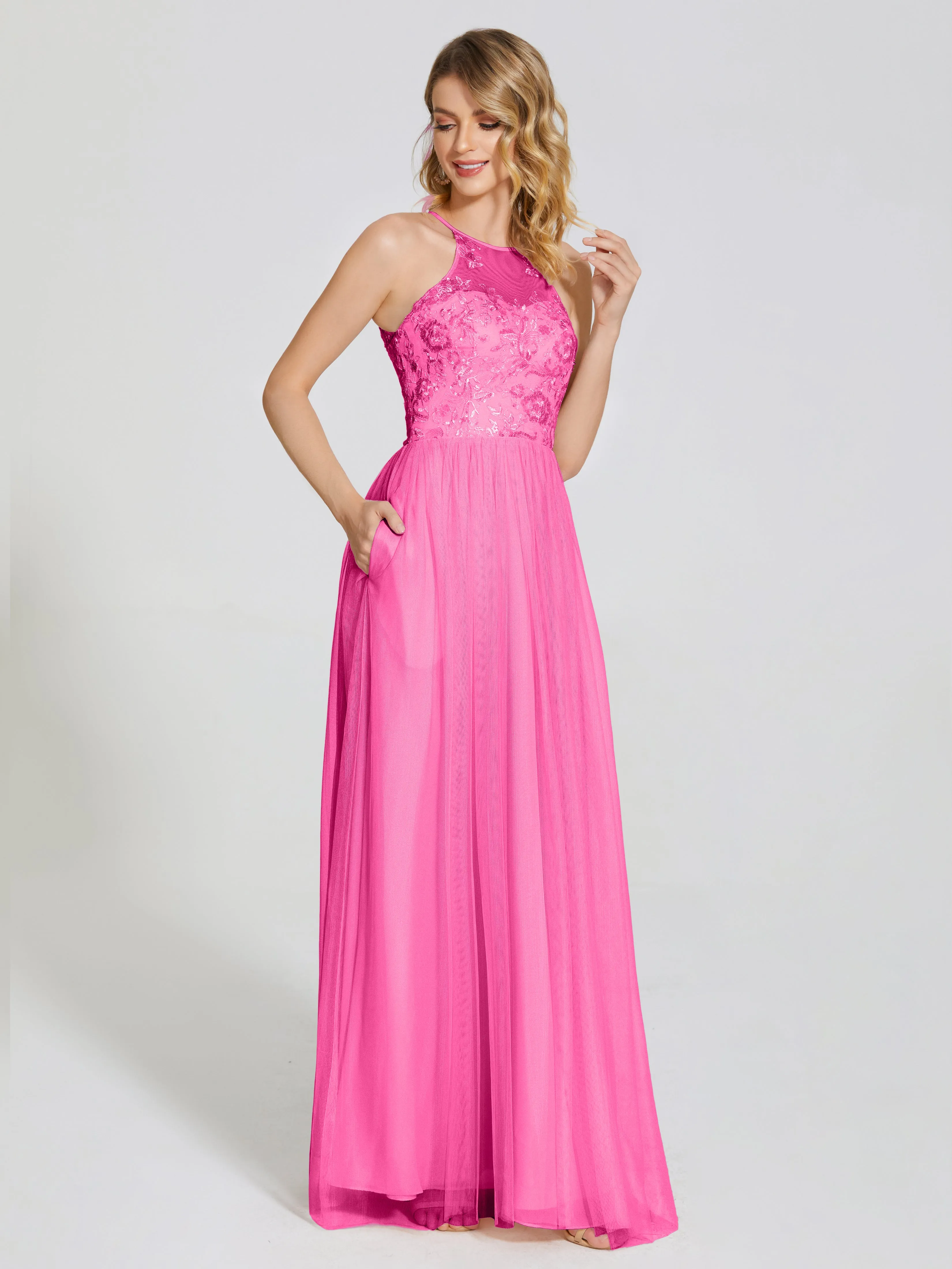 Destiny Halter Embroidered Tulle Bridesmaid Dresses