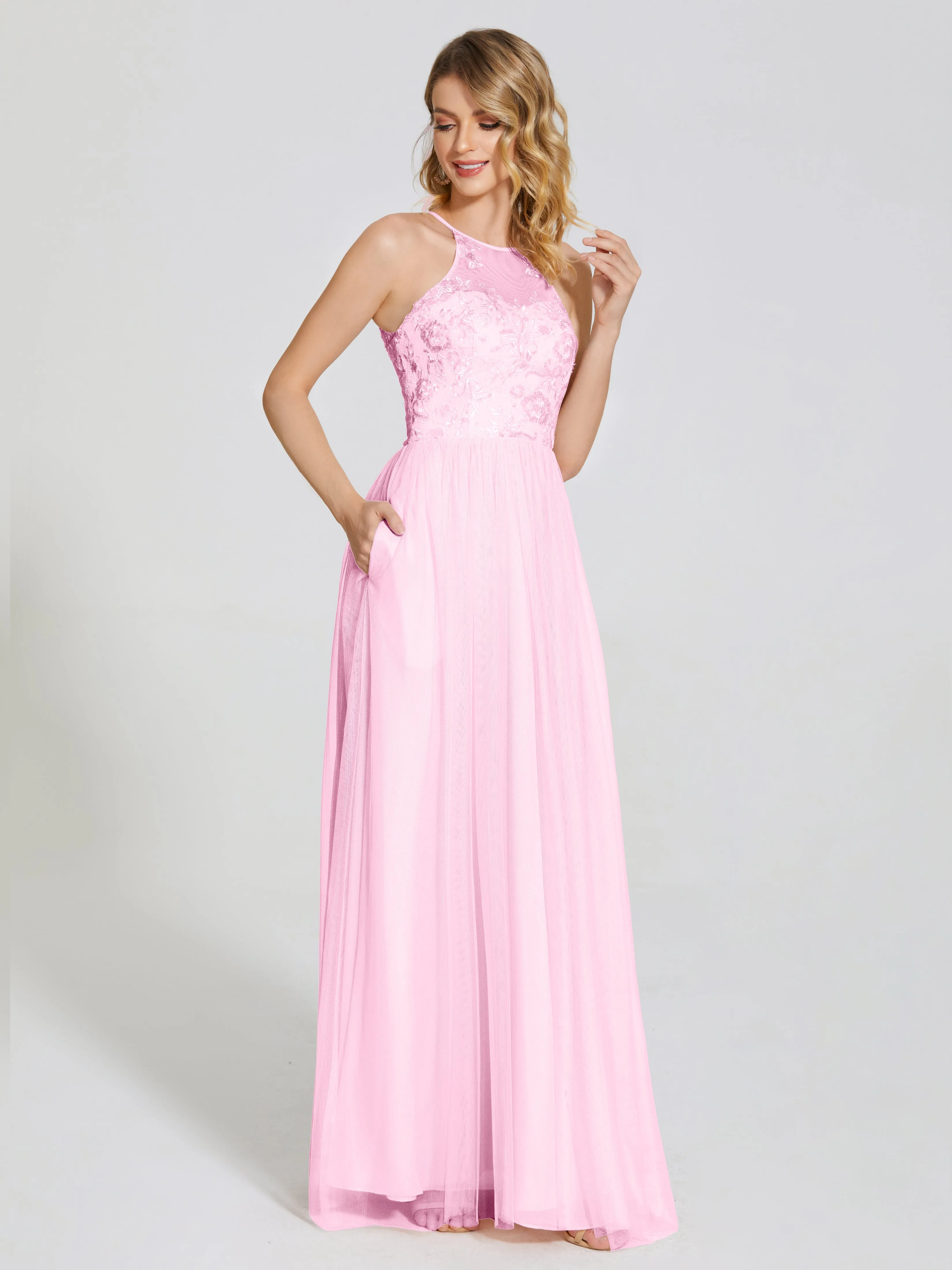 Destiny Halter Embroidered Tulle Bridesmaid Dresses