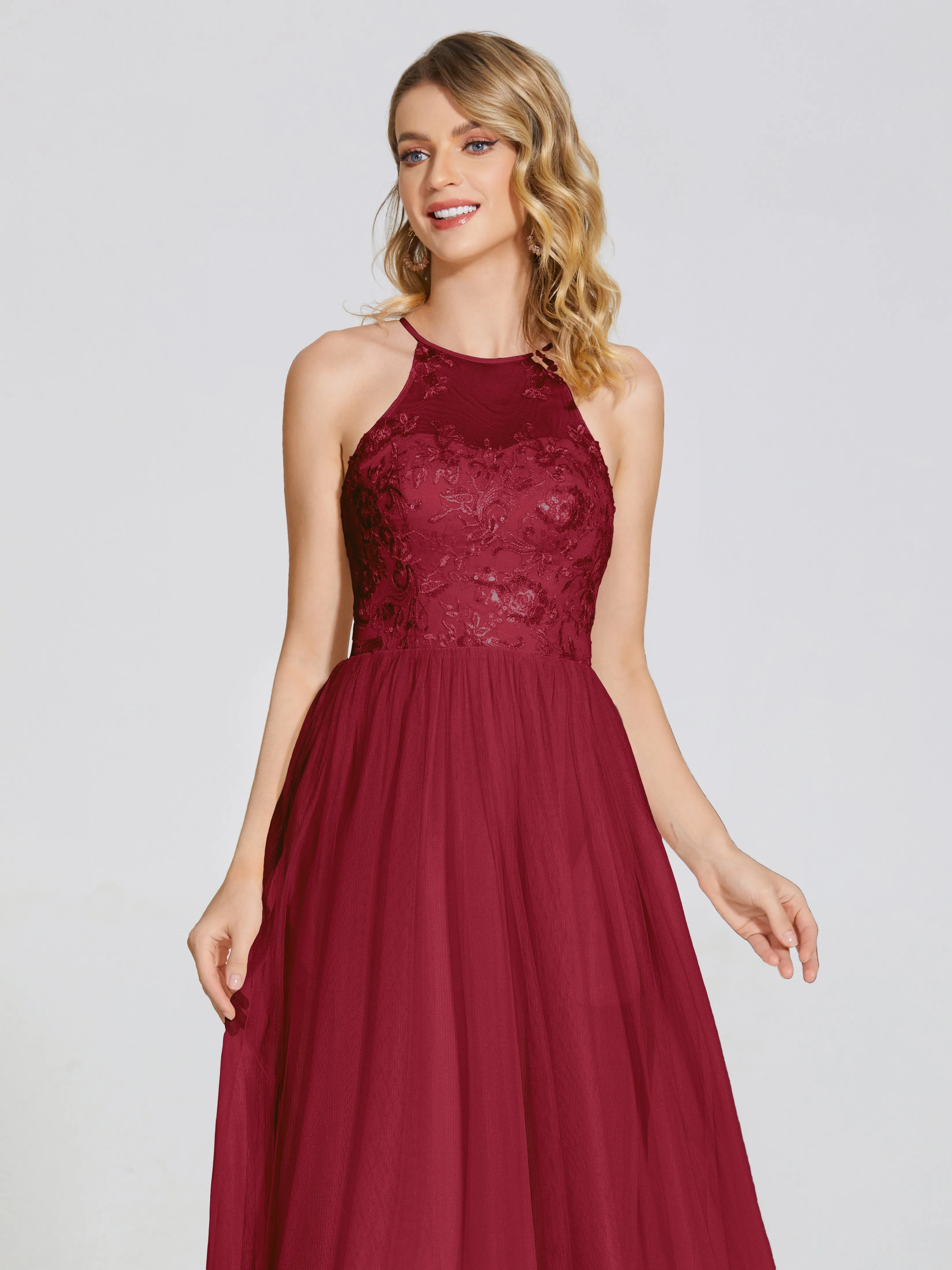 Destiny Halter Embroidered Tulle Bridesmaid Dresses