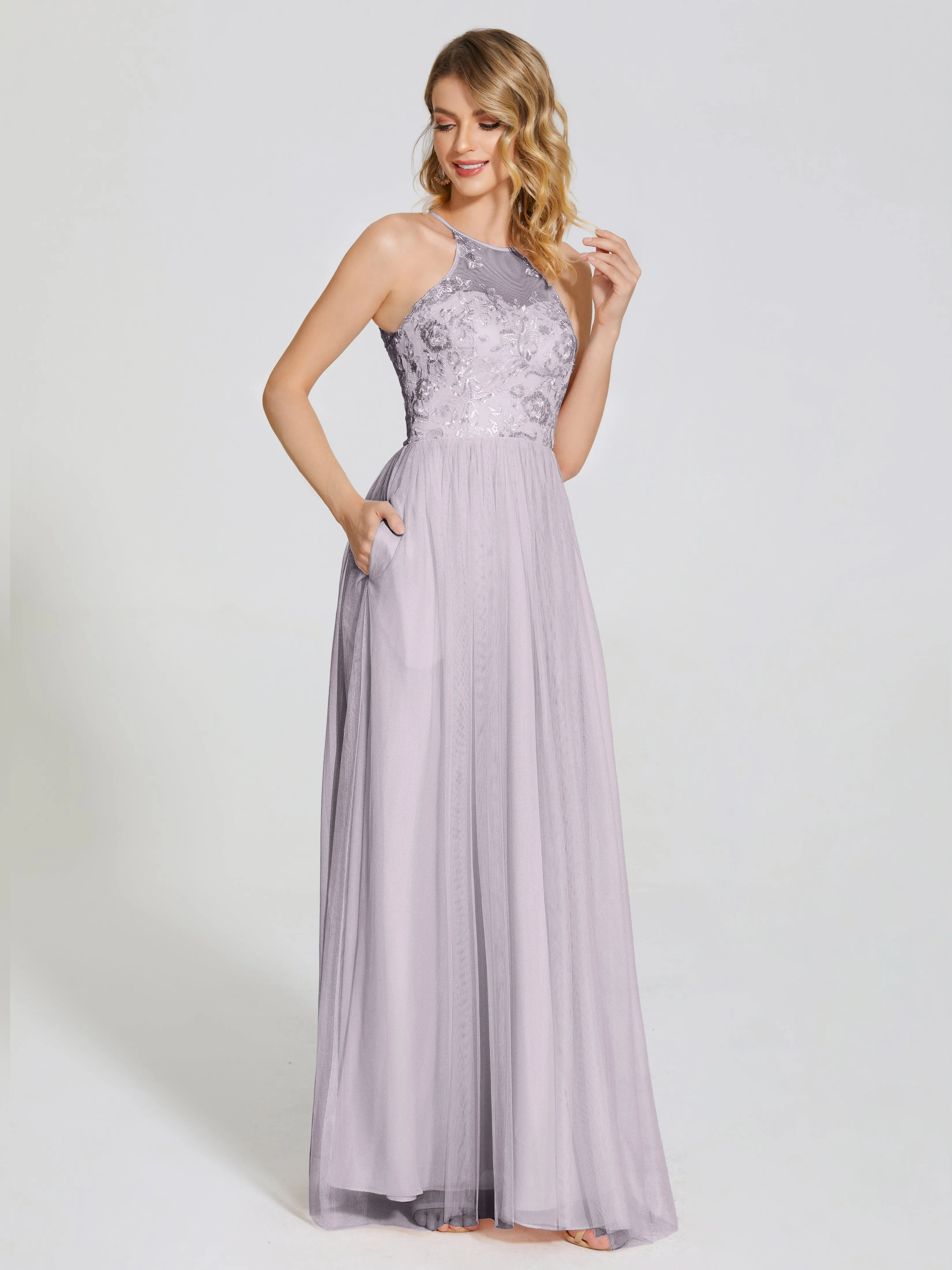 Destiny Halter Embroidered Tulle Bridesmaid Dresses