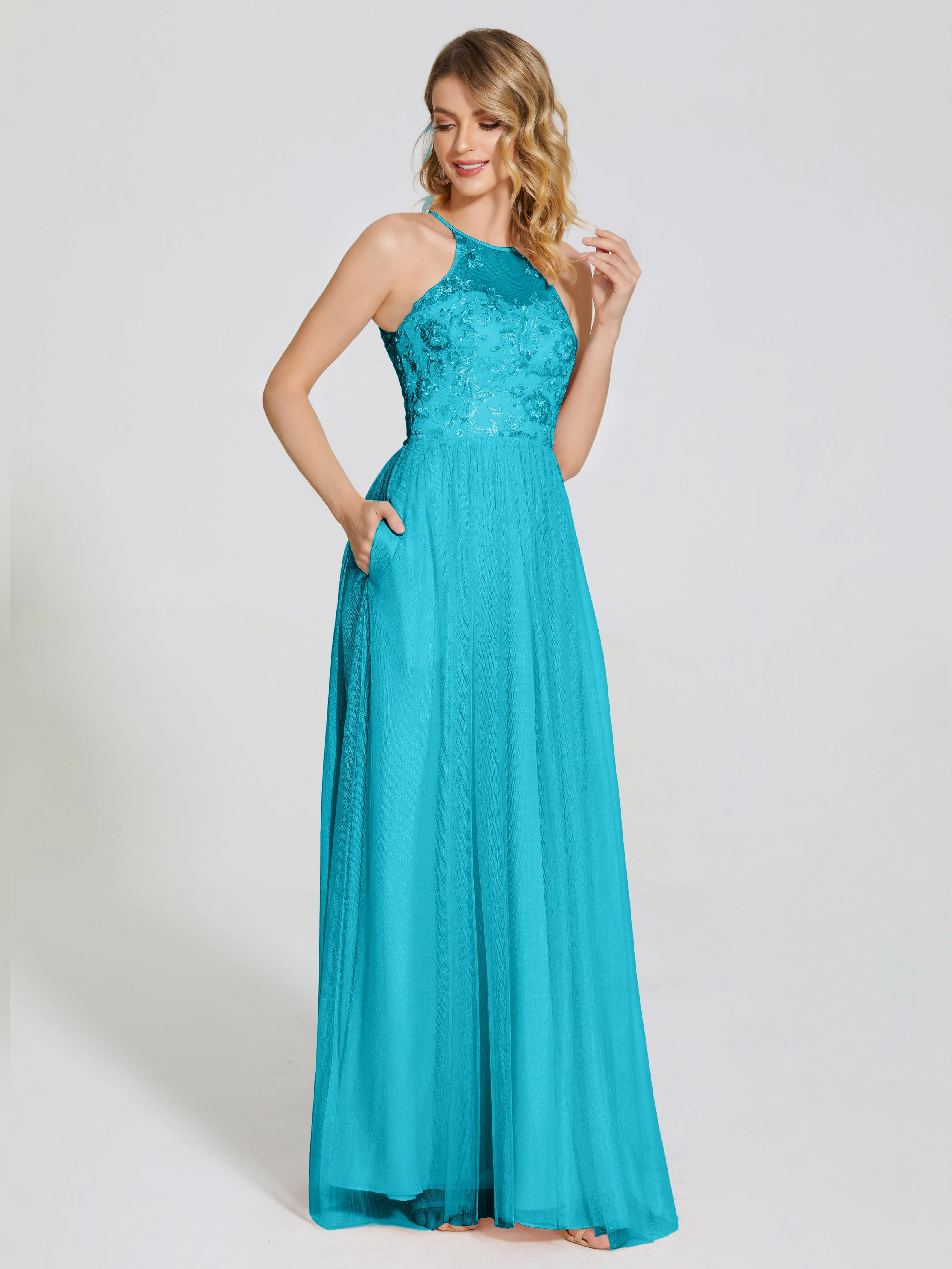 Destiny Halter Embroidered Tulle Bridesmaid Dresses