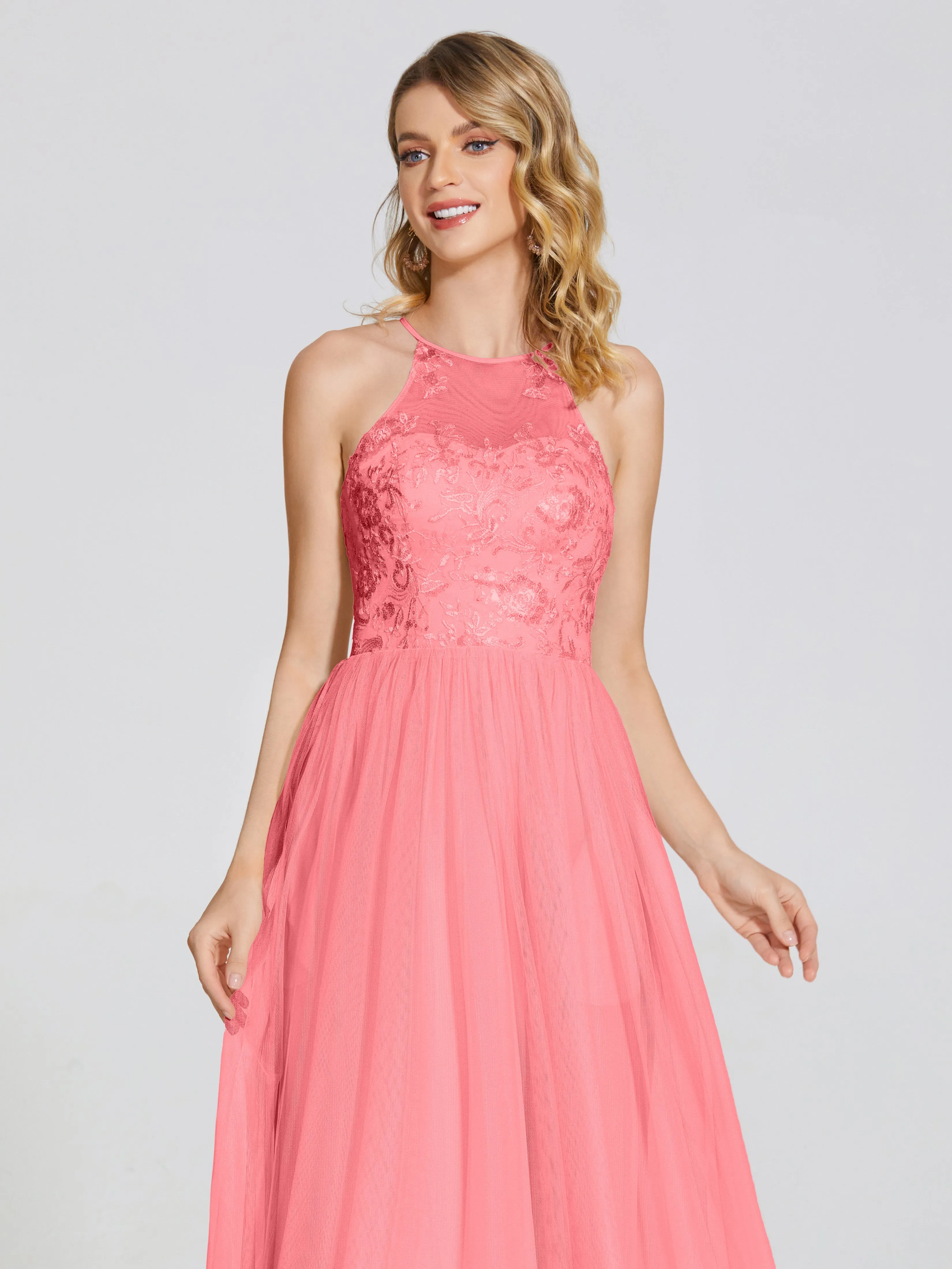 Destiny Halter Embroidered Tulle Bridesmaid Dresses