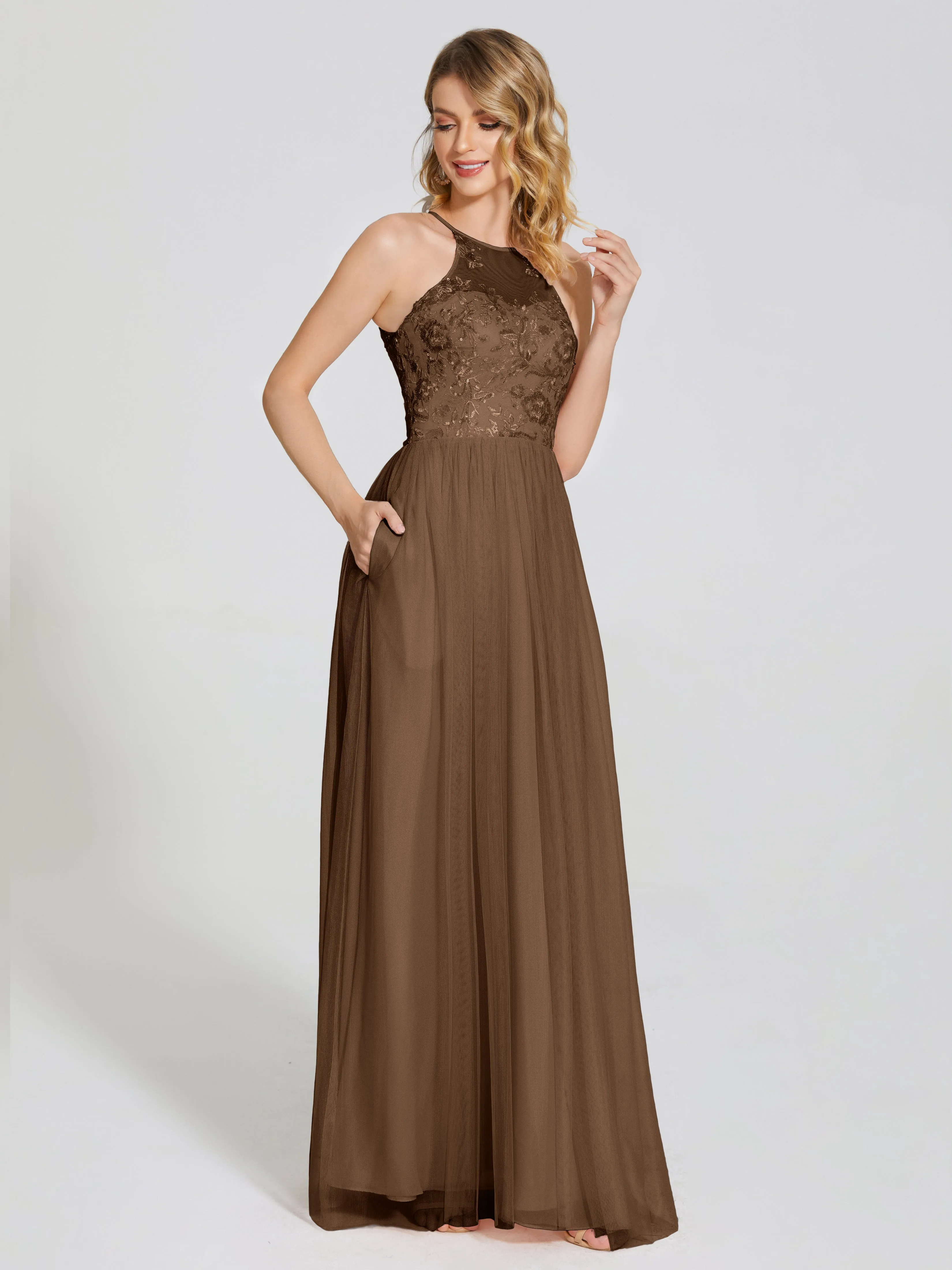 Destiny Halter Embroidered Tulle Bridesmaid Dresses