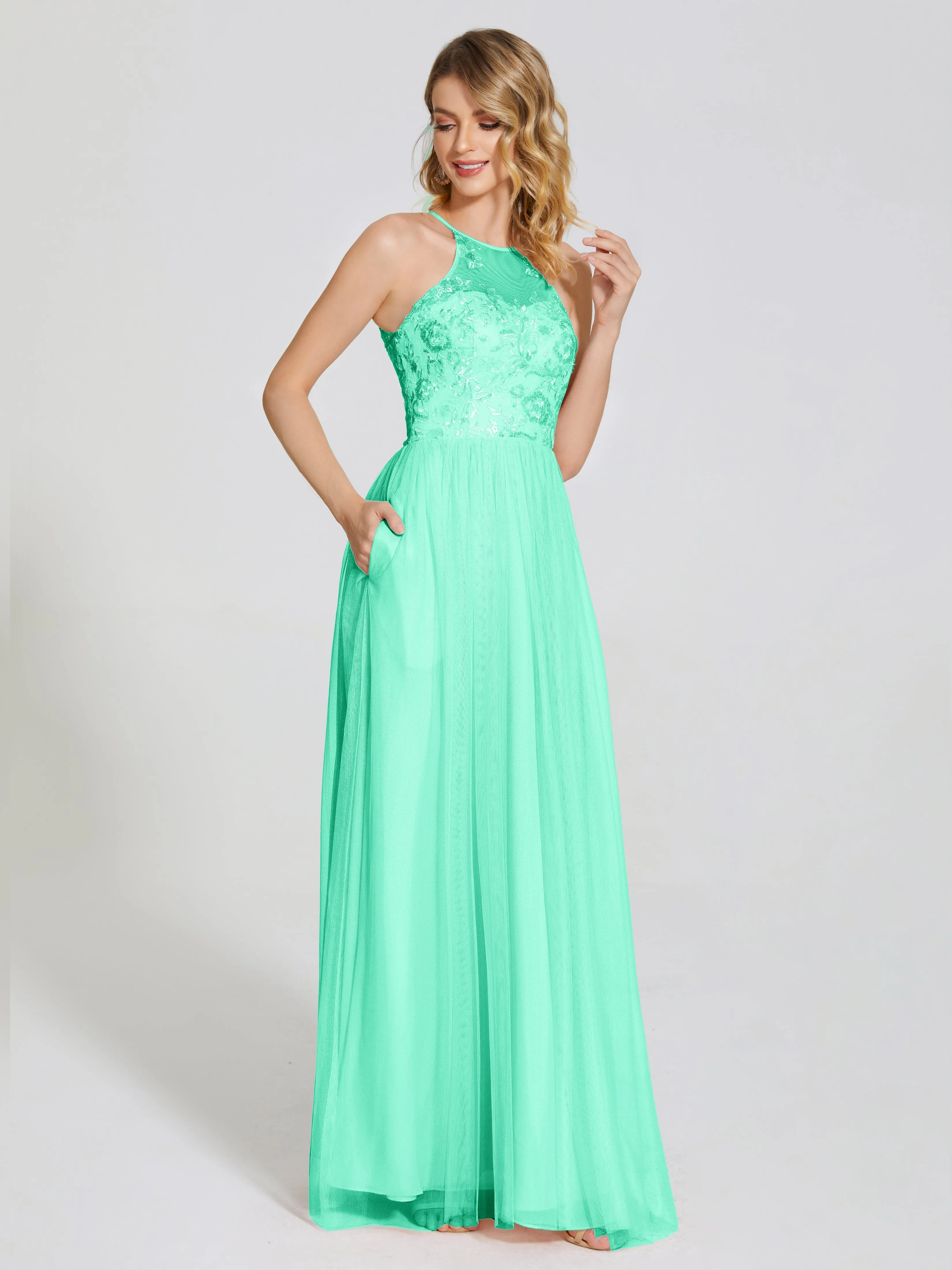 Destiny Halter Embroidered Tulle Bridesmaid Dresses