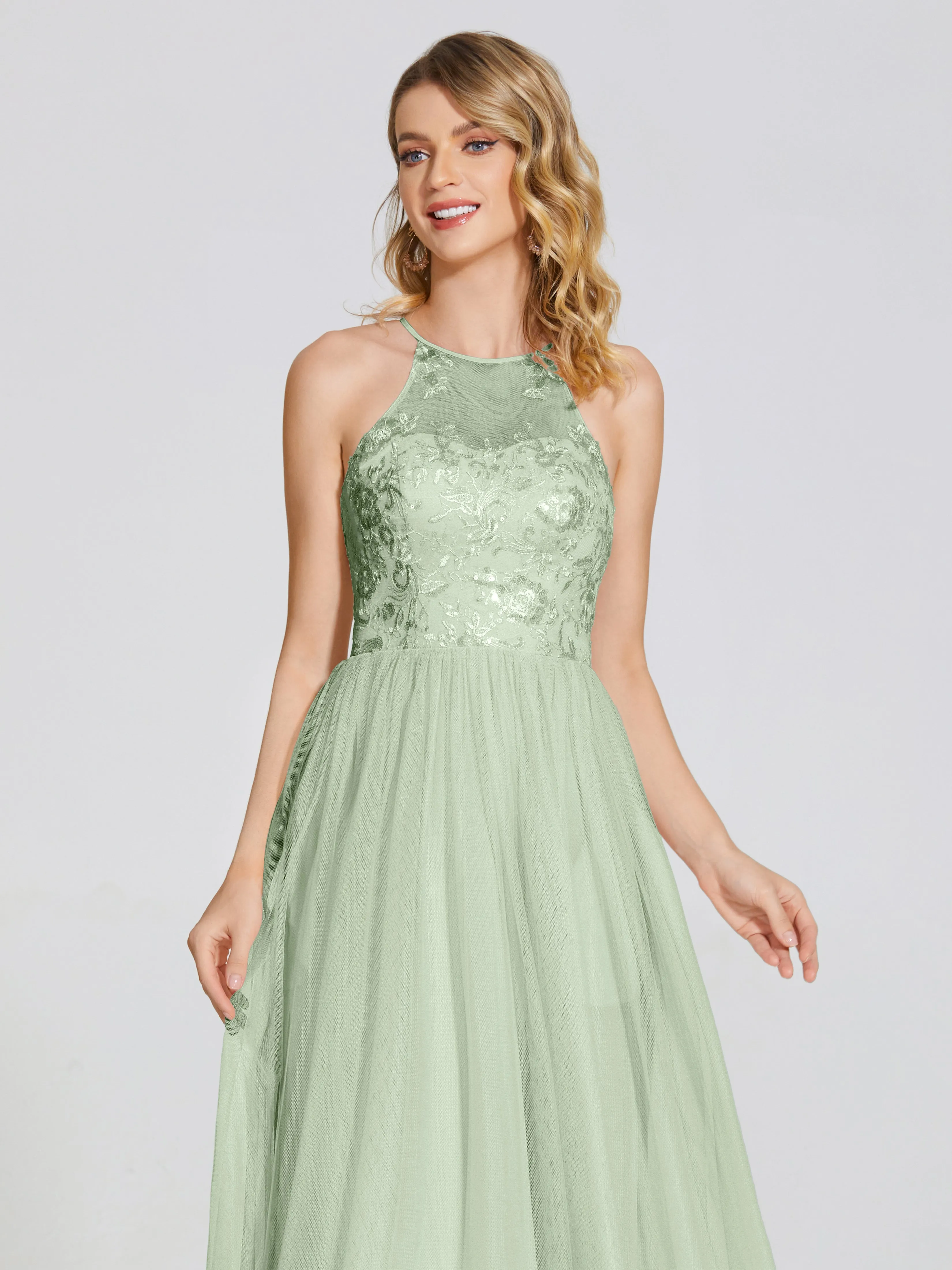 Destiny Halter Embroidered Tulle Bridesmaid Dresses