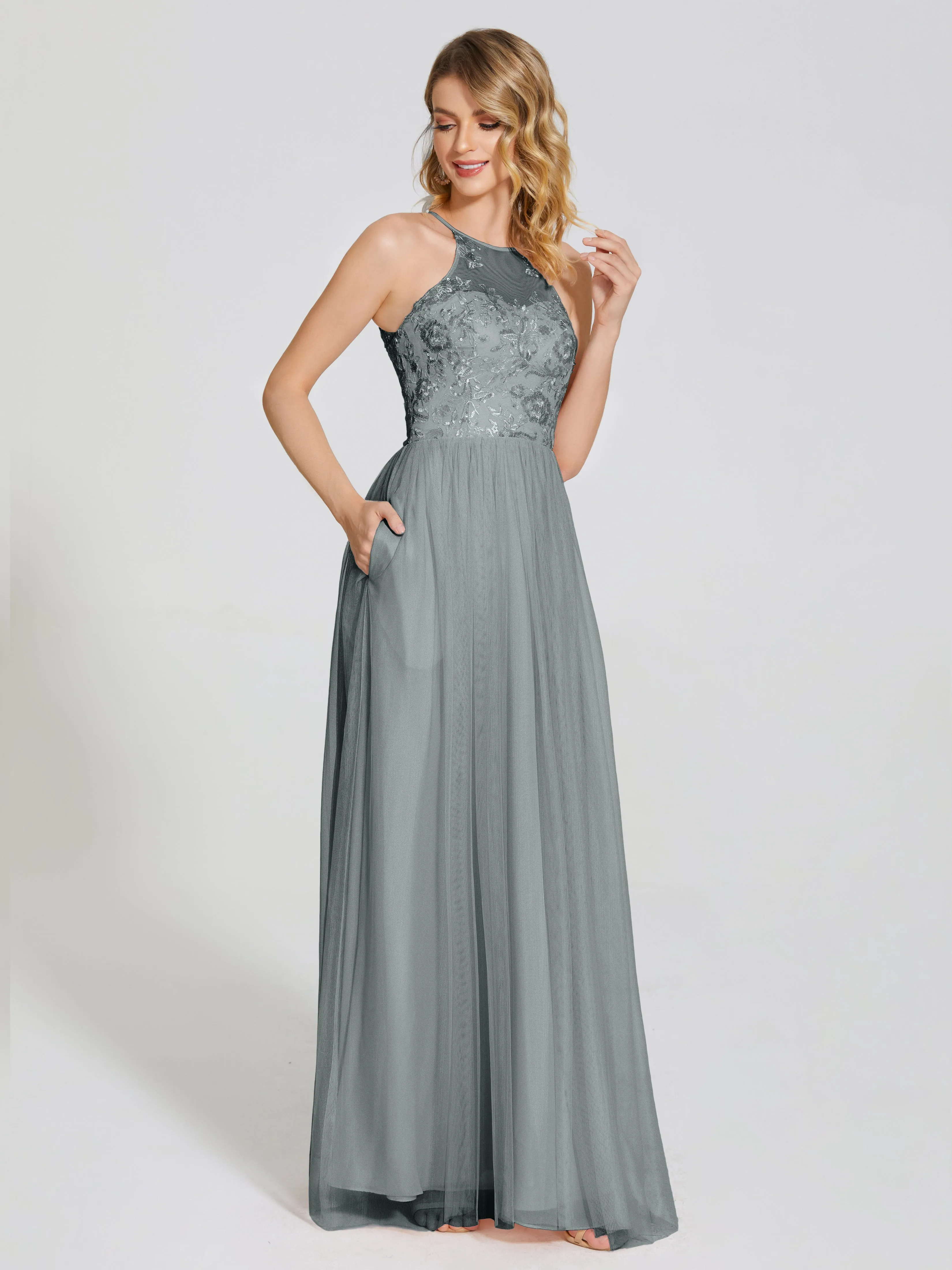 Destiny Halter Embroidered Tulle Bridesmaid Dresses