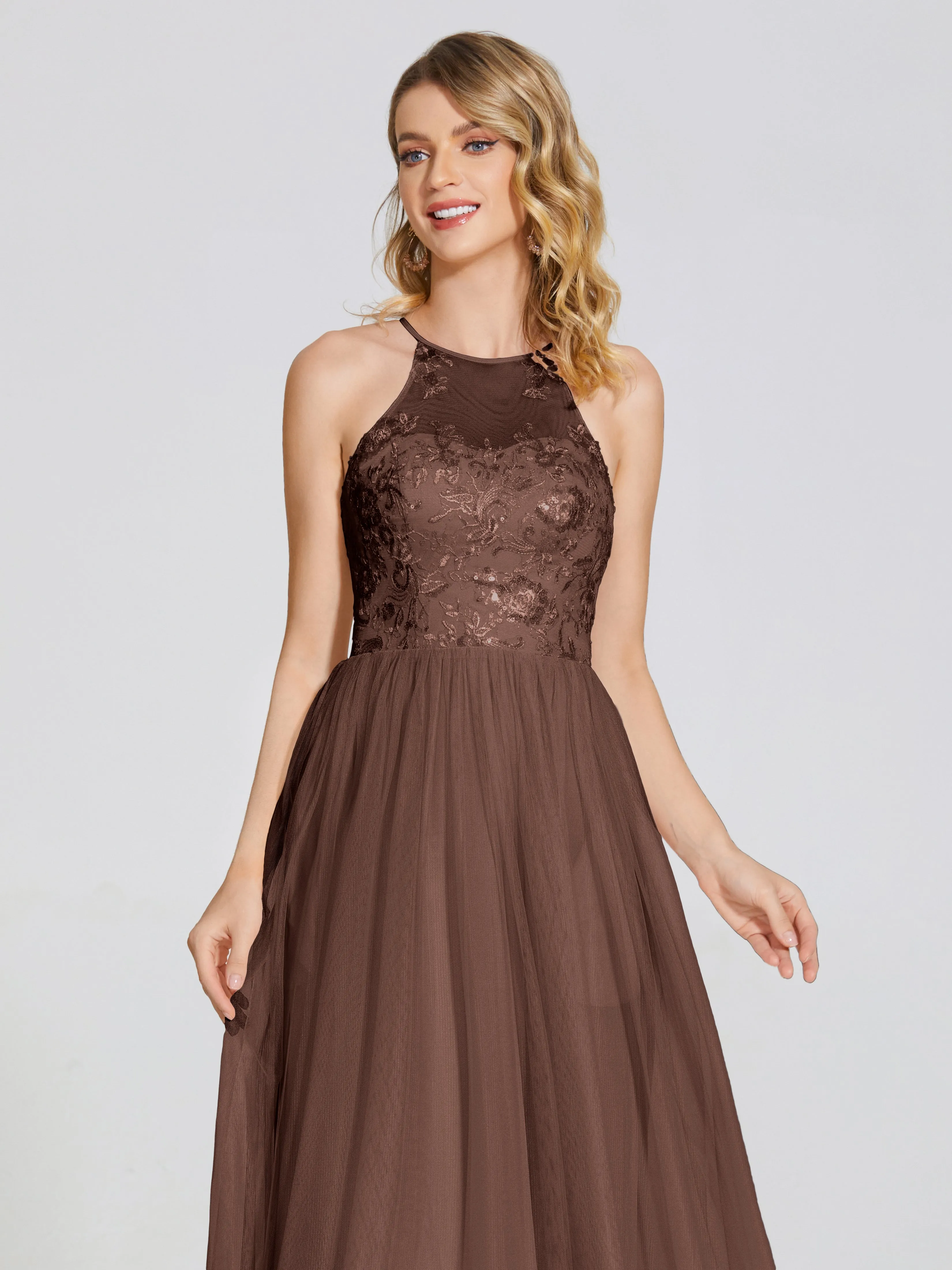 Destiny Halter Embroidered Tulle Bridesmaid Dresses