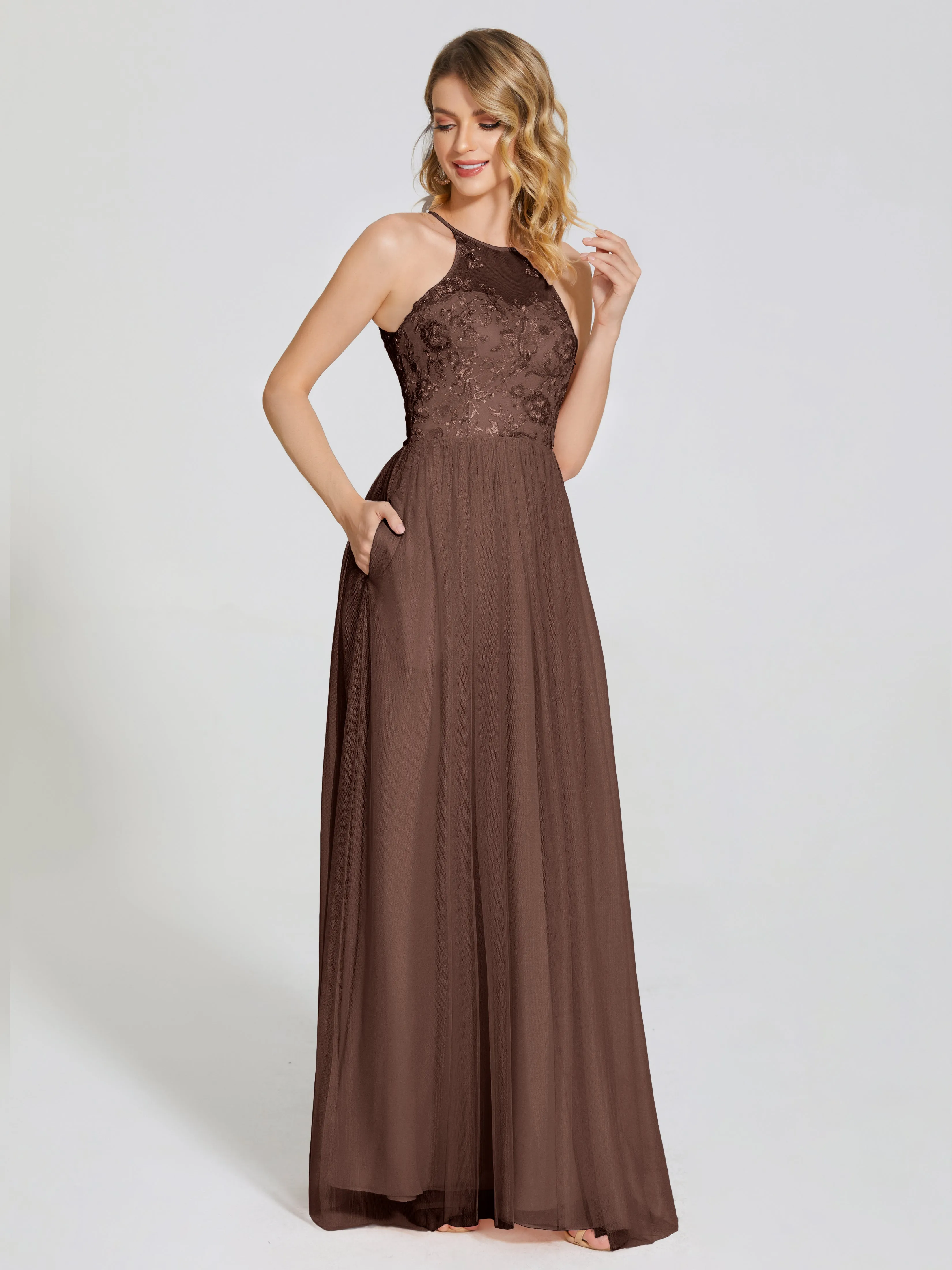 Destiny Halter Embroidered Tulle Bridesmaid Dresses