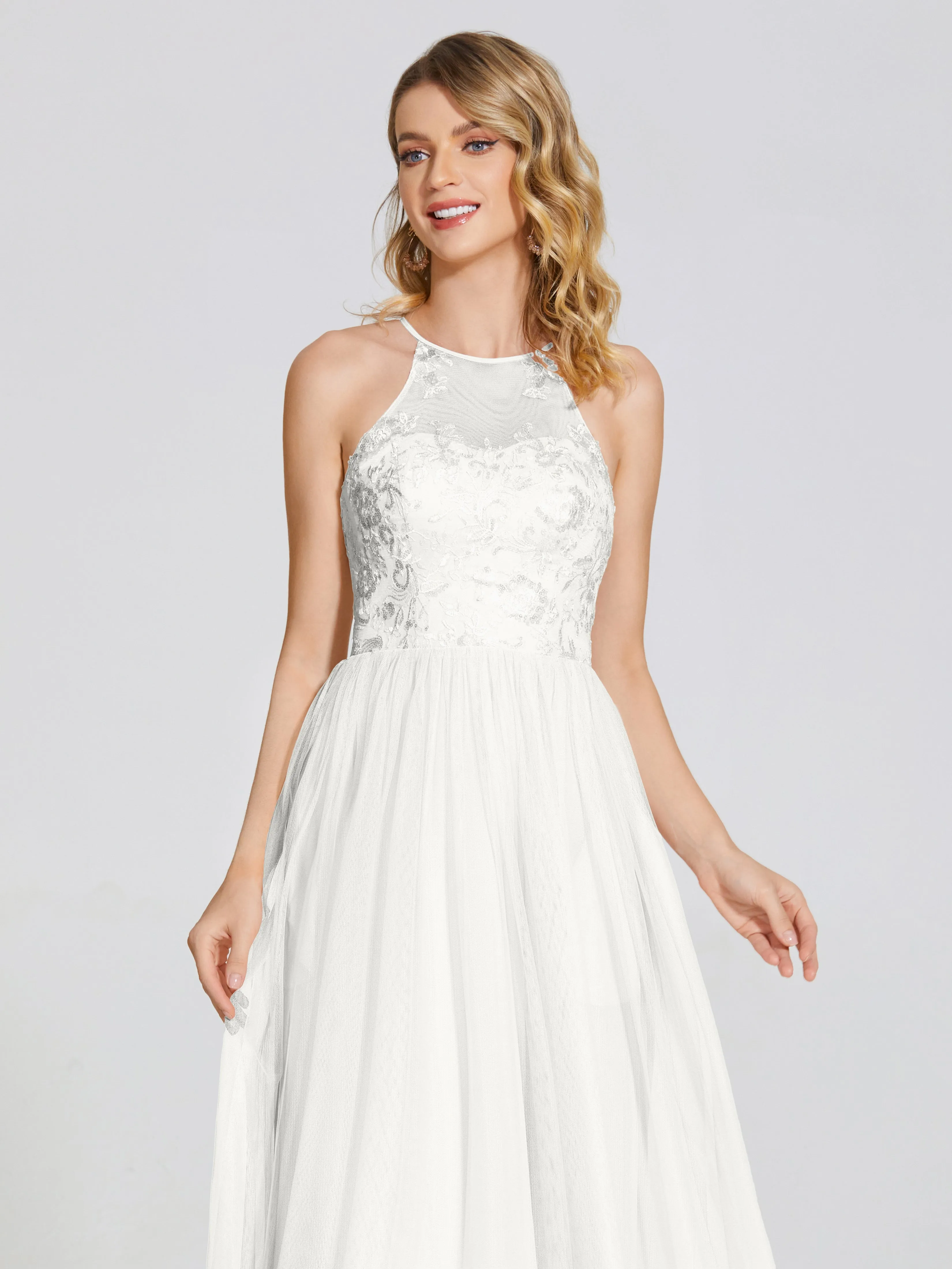 Destiny Halter Embroidered Tulle Bridesmaid Dresses