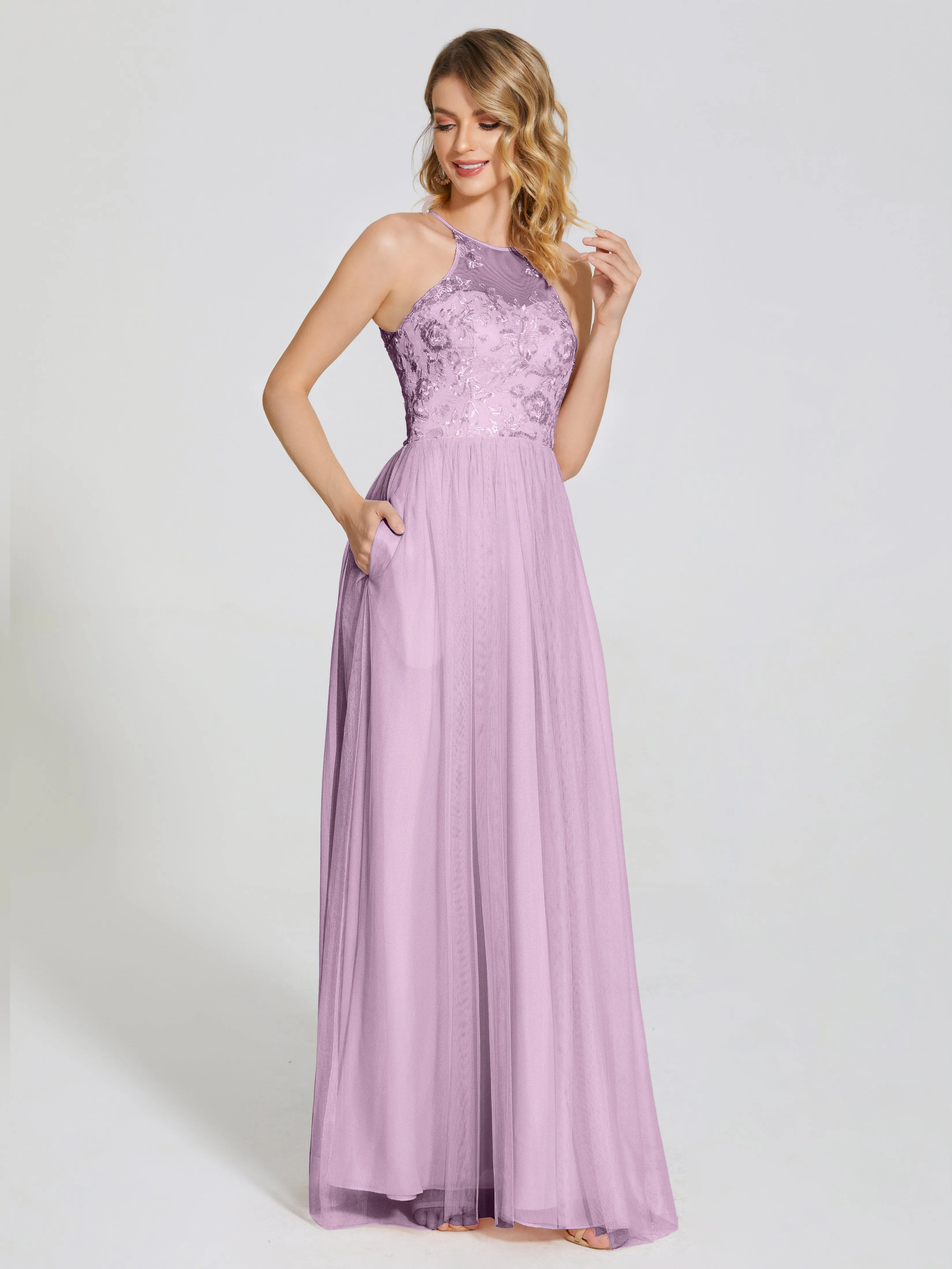 Destiny Halter Embroidered Tulle Bridesmaid Dresses