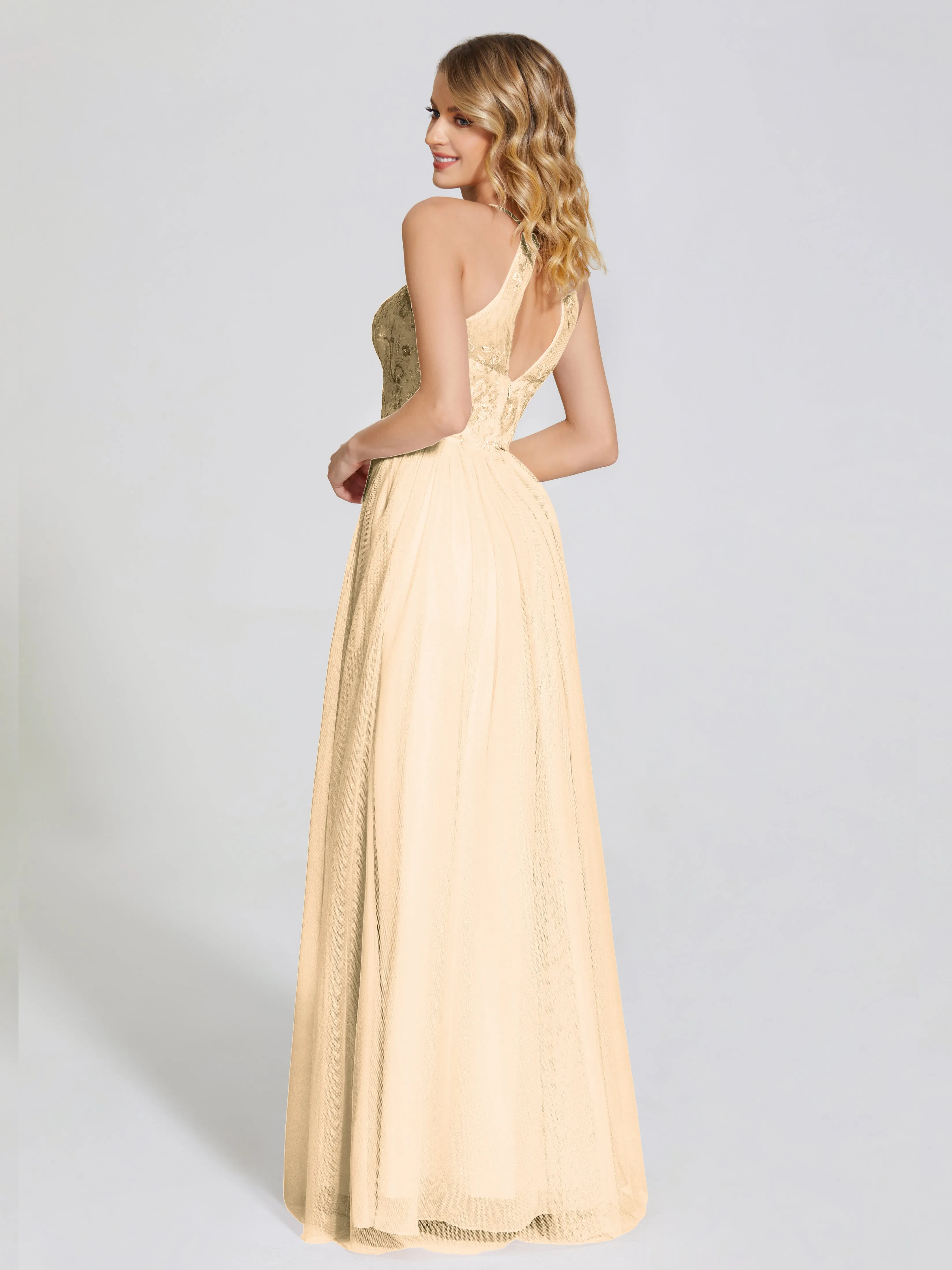 Destiny Halter Embroidered Tulle Bridesmaid Dresses