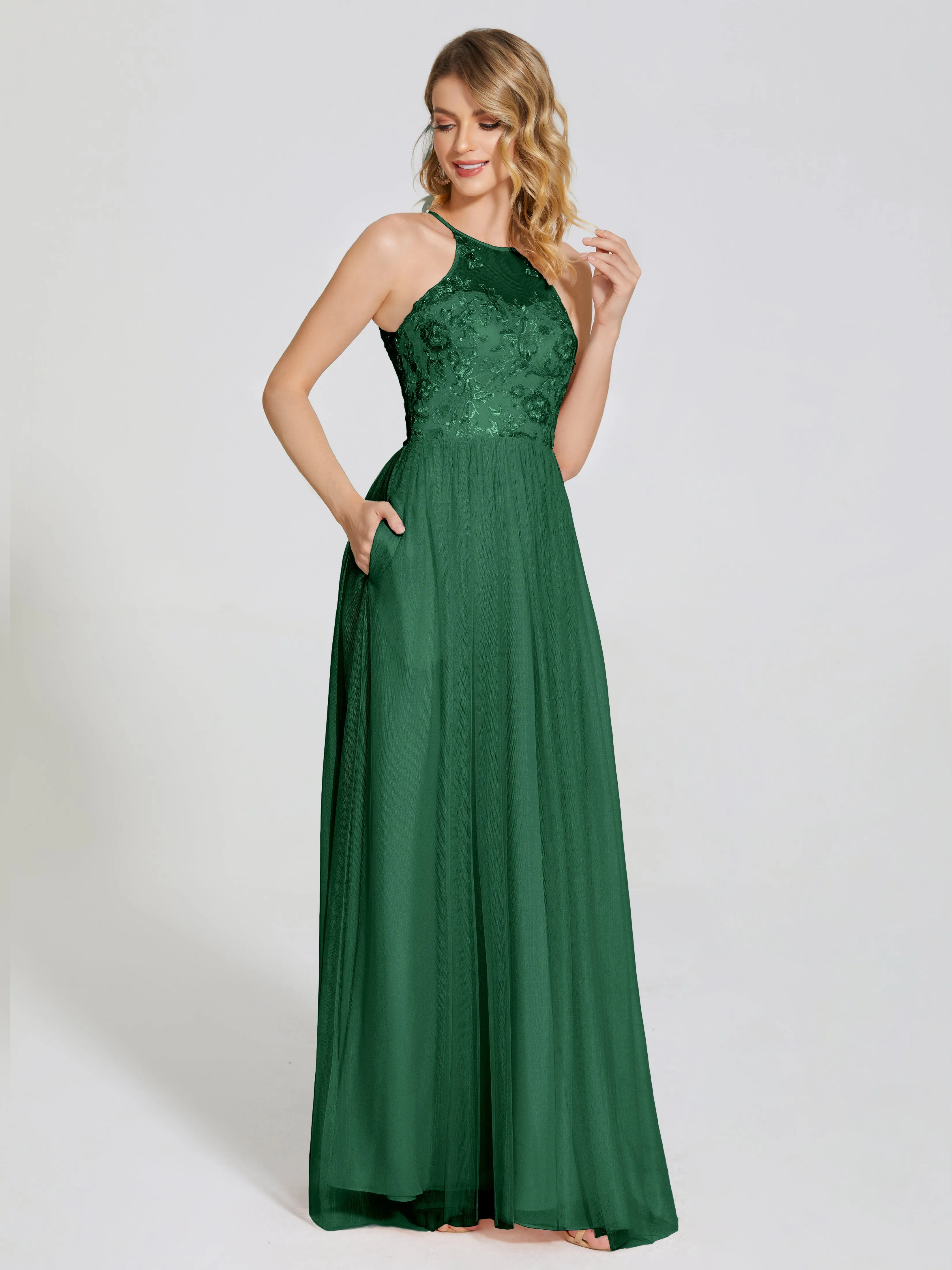Destiny Halter Embroidered Tulle Bridesmaid Dresses