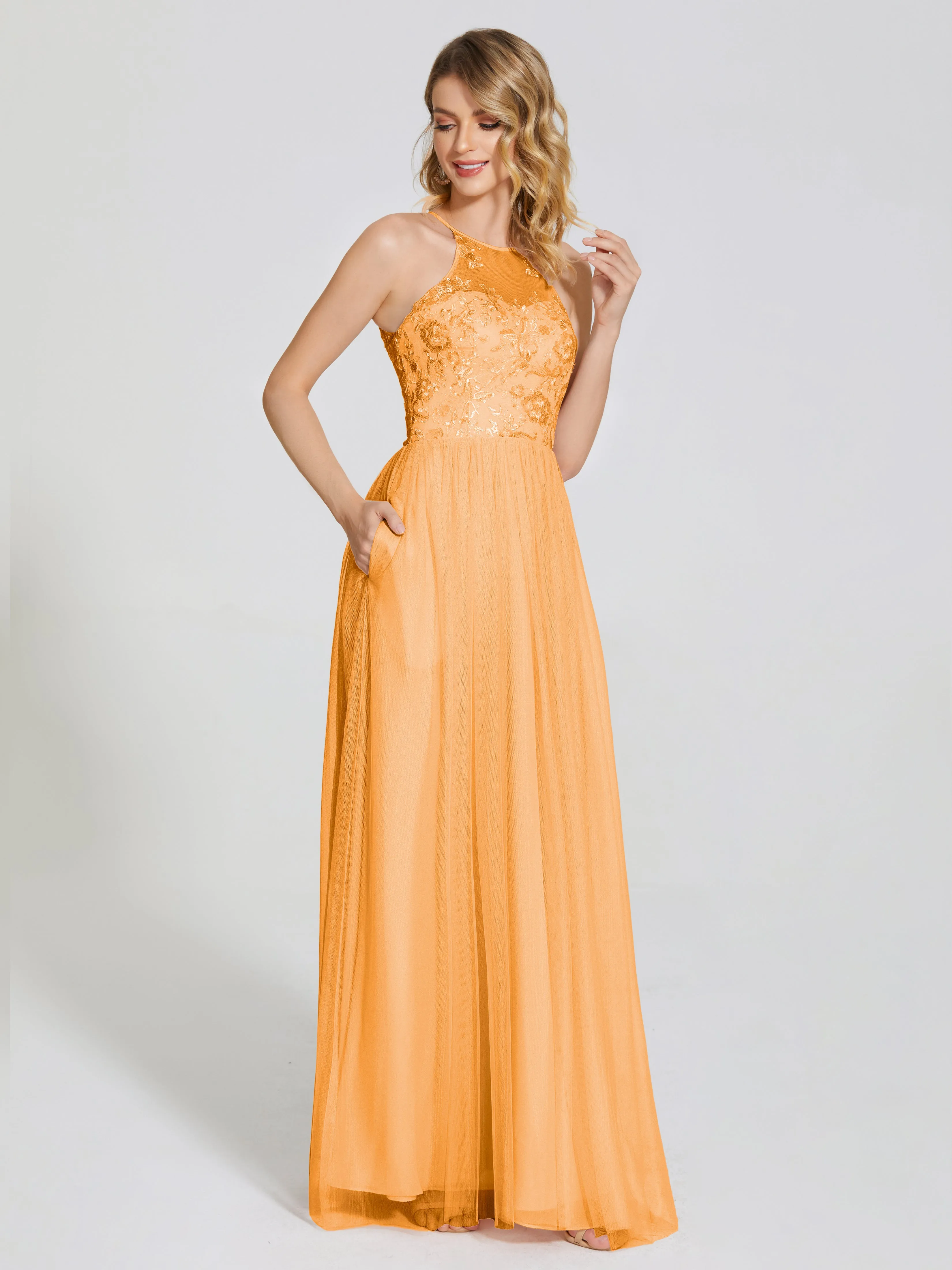 Destiny Halter Embroidered Tulle Bridesmaid Dresses