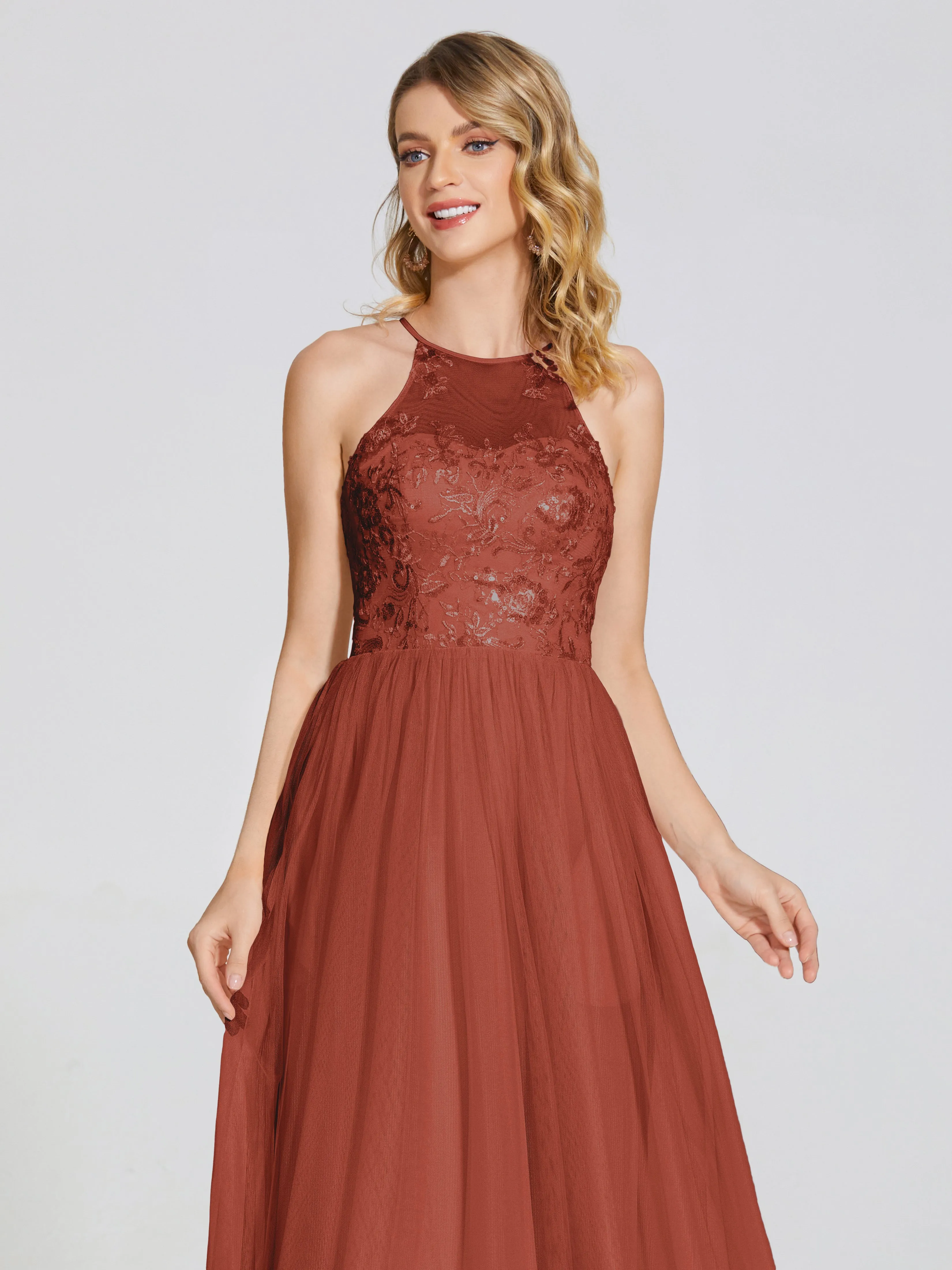 Destiny Halter Embroidered Tulle Bridesmaid Dresses