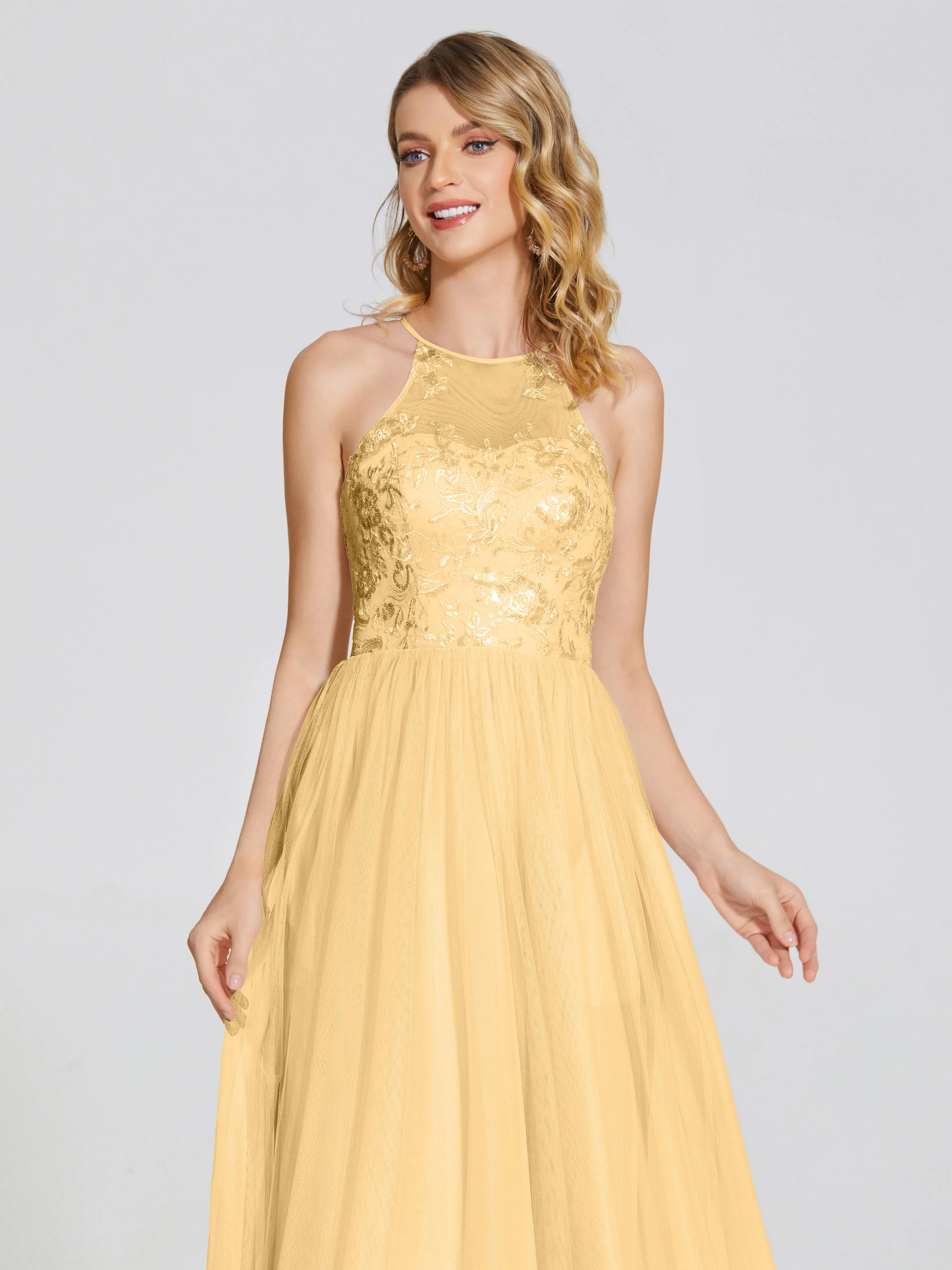 Destiny Halter Embroidered Tulle Bridesmaid Dresses