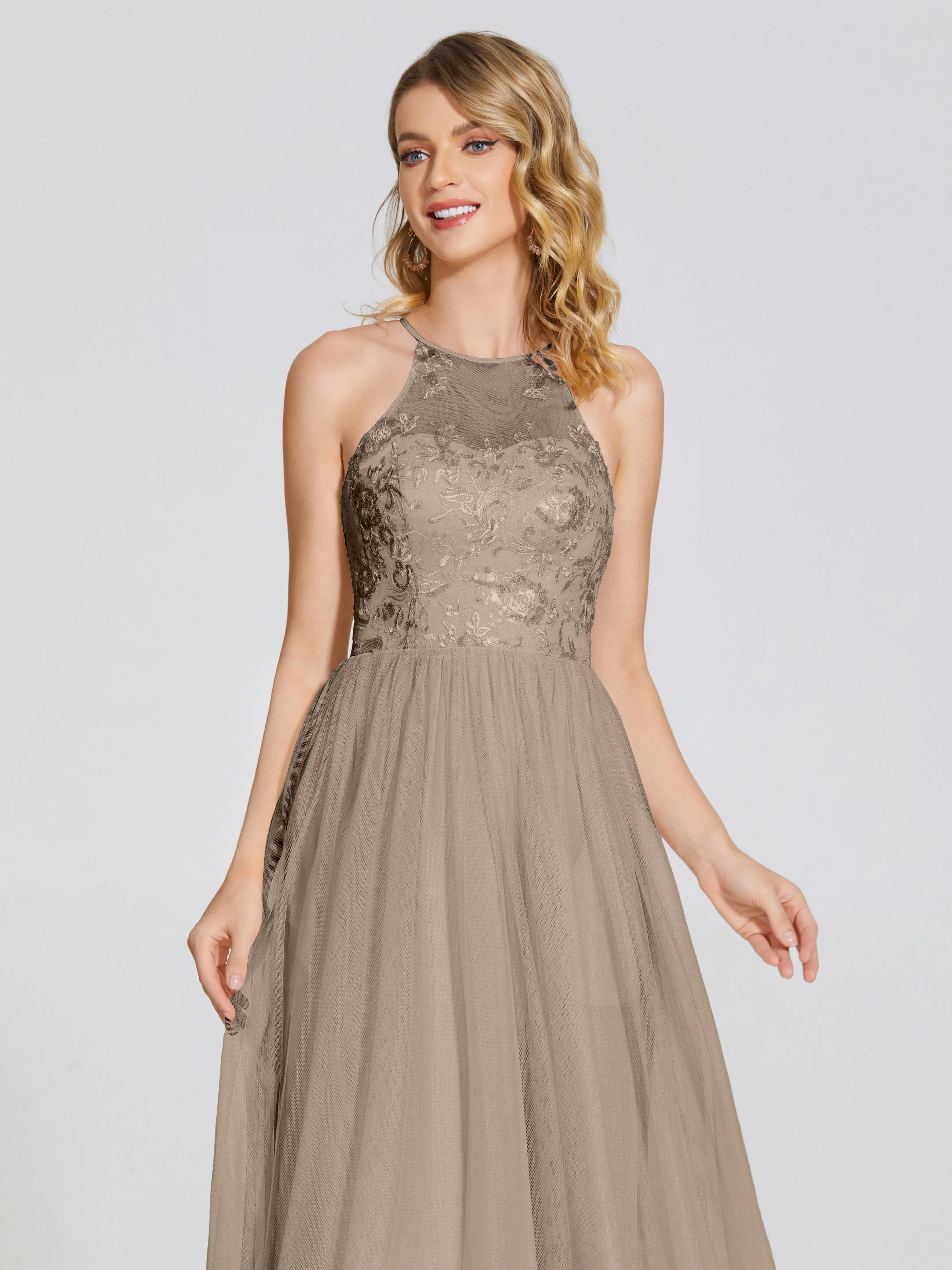Destiny Halter Embroidered Tulle Bridesmaid Dresses