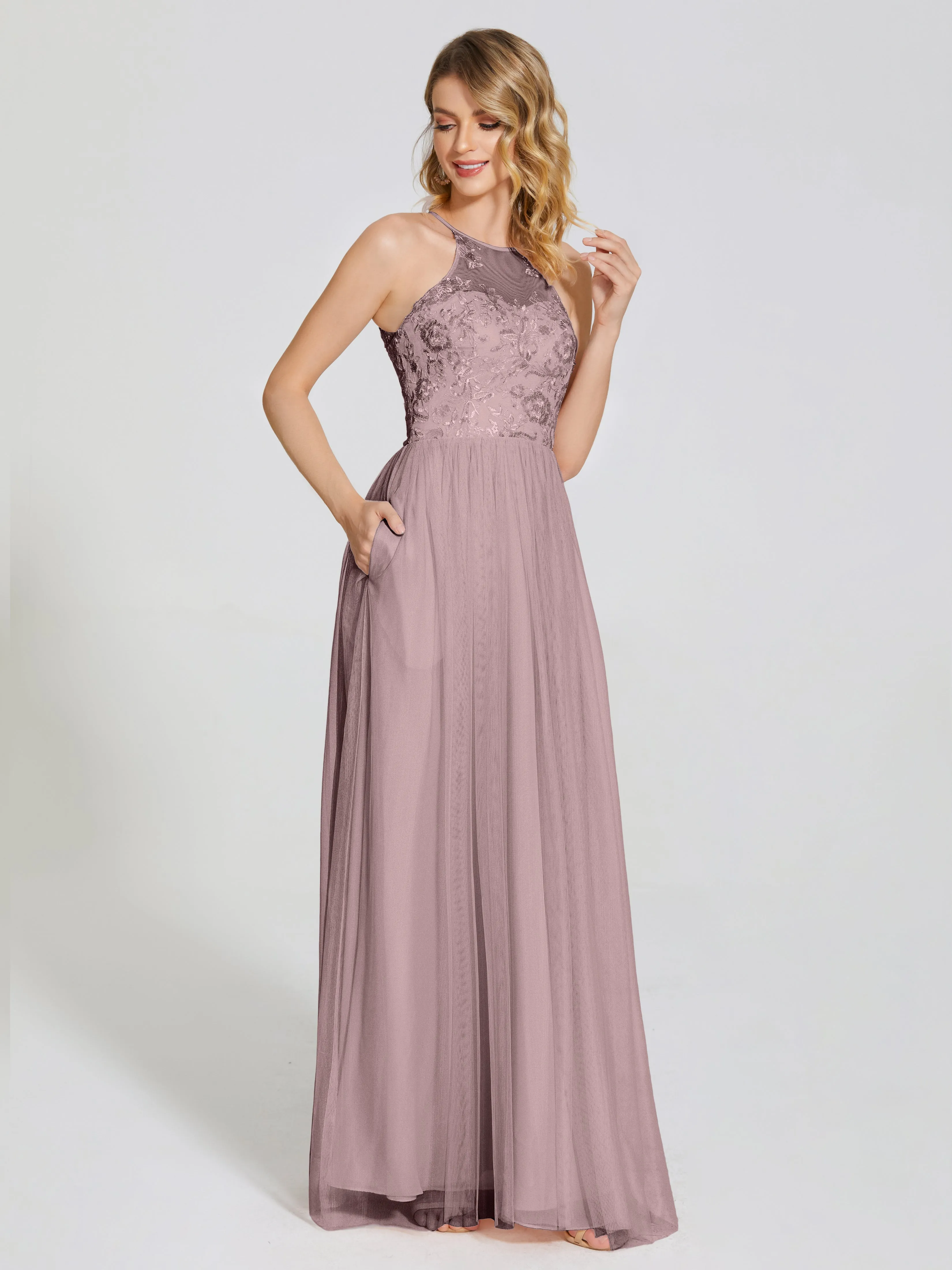 Destiny Halter Embroidered Tulle Bridesmaid Dresses
