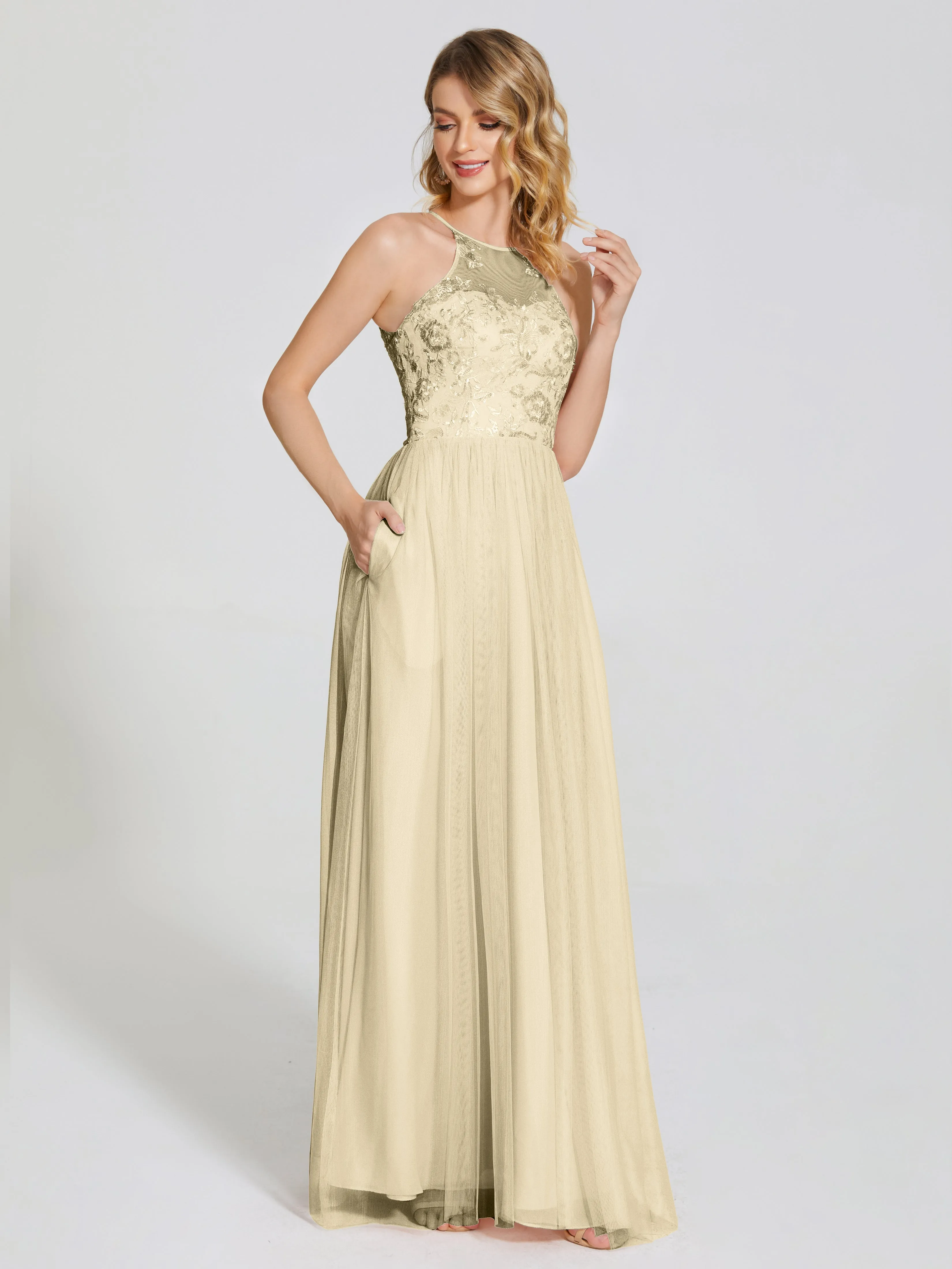 Destiny Halter Embroidered Tulle Bridesmaid Dresses