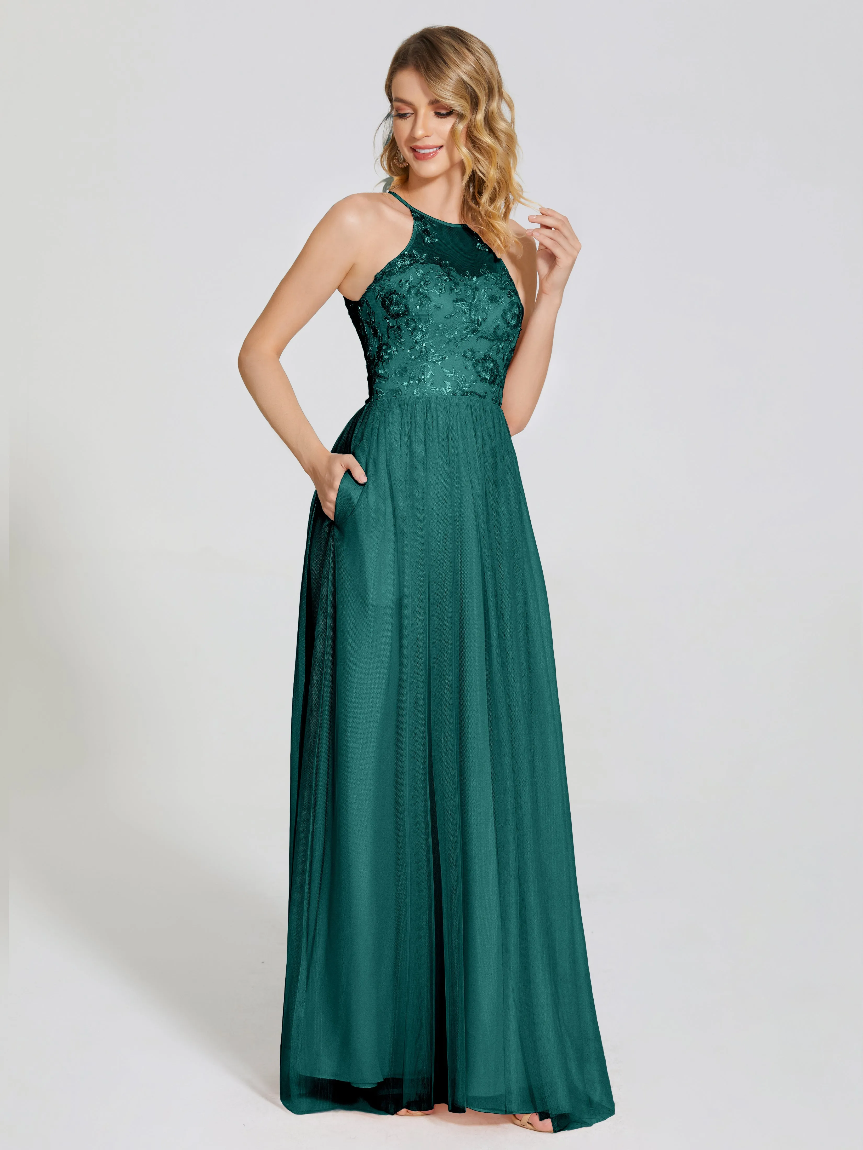 Destiny Halter Embroidered Tulle Bridesmaid Dresses